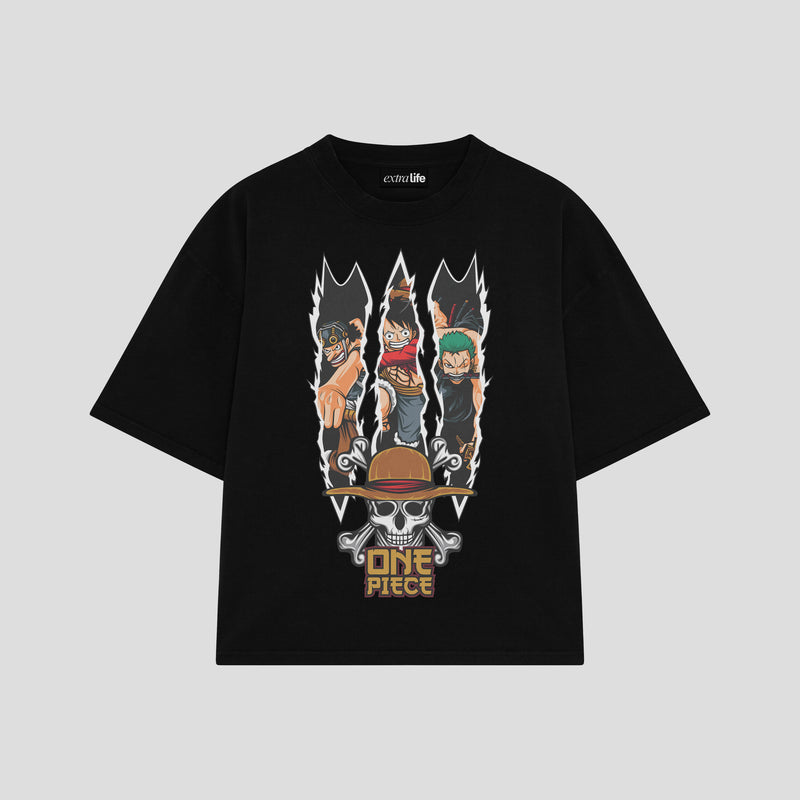 Playera streetwear premium de anime y gaming ExtraLife MX, corte boxy oversized drop shoulder heavyweight en color Deep Black y Off-White, moda urbana mexicana de culto.