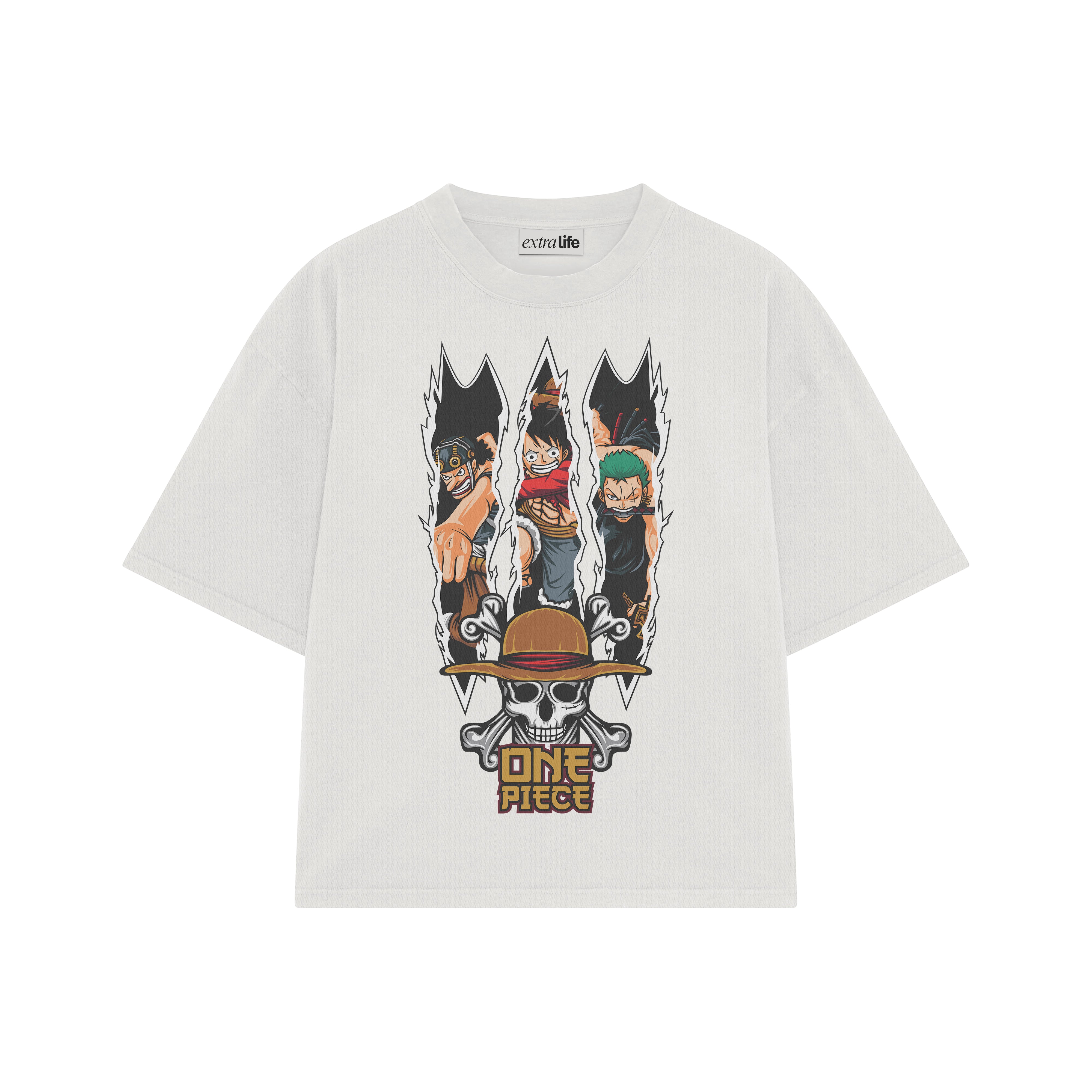 Playera streetwear premium de anime y gaming ExtraLife MX, corte boxy oversized drop shoulder heavyweight en color Deep Black y Off-White, moda urbana mexicana de culto.