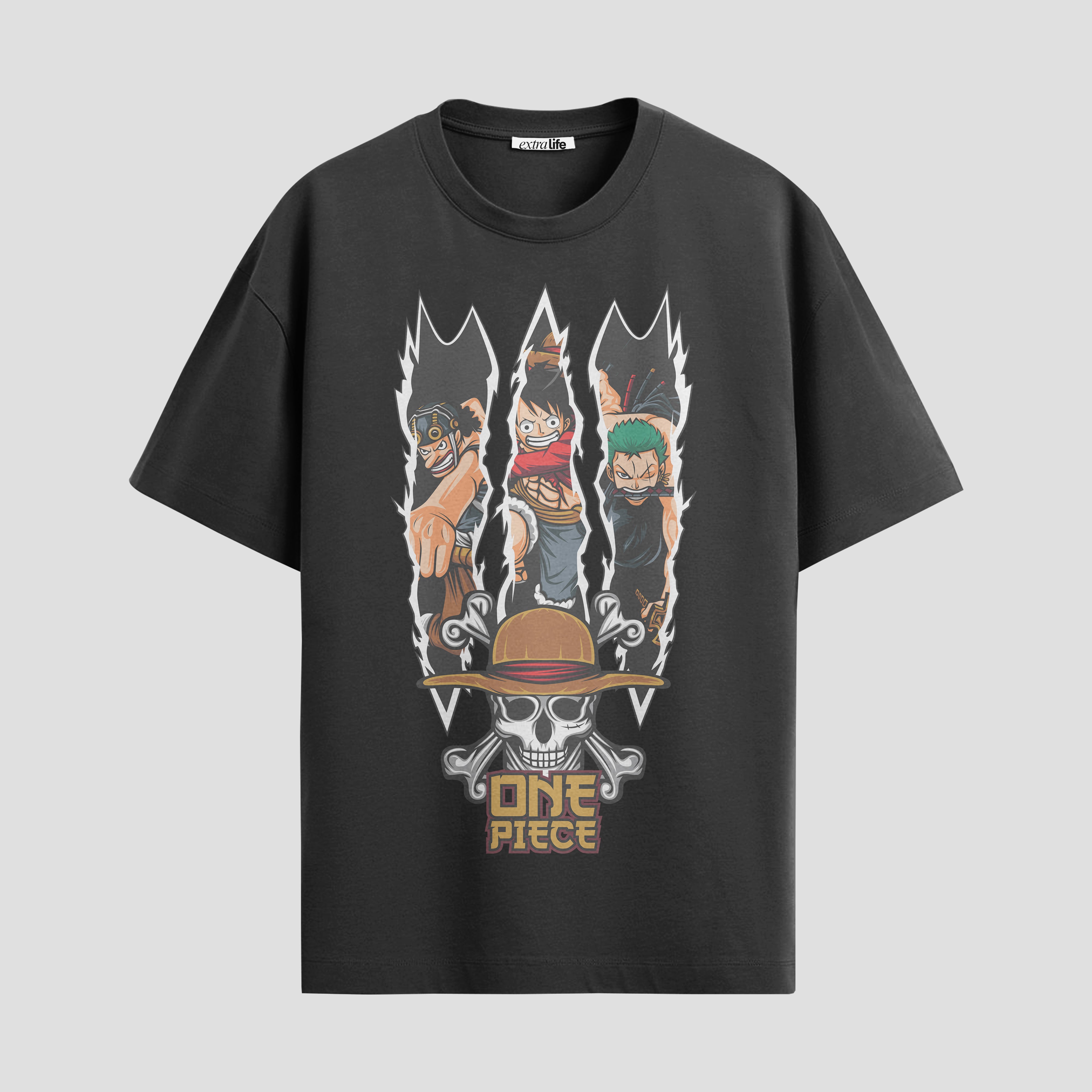 Playera urbana de anime y gaming ExtraLife MX, corte Standard Fit unisex ligero y transpirable en color Deep Black y Pure White, ropa de uso diario para gym y casual.
