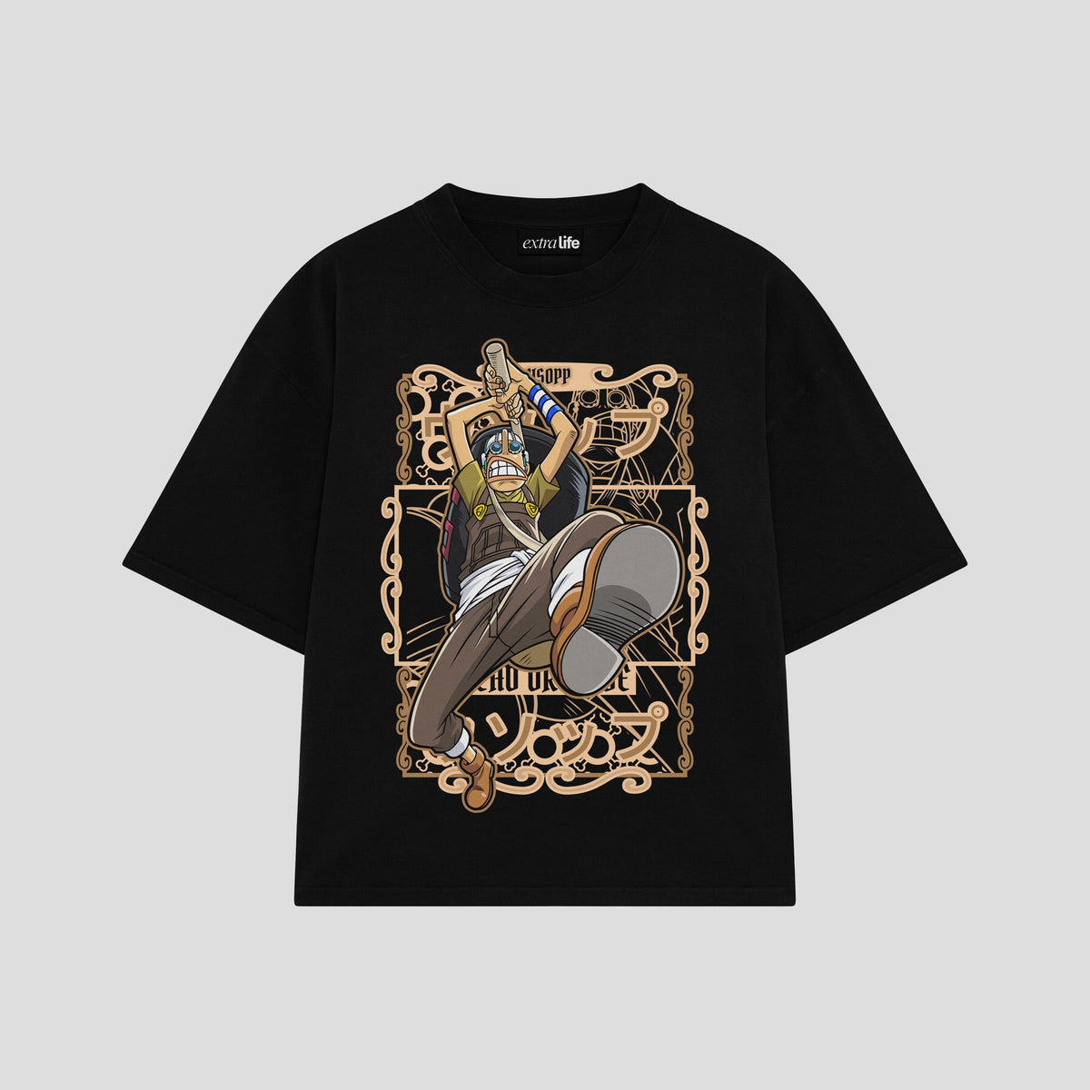 Playera streetwear premium de anime y gaming ExtraLife MX, corte oversized drop shoulder ligero y fresco en color Deep Black y Off-White, moda urbana mexicana de culto.
