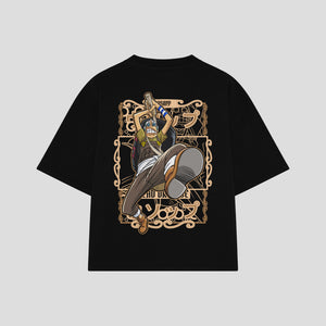 Playera streetwear premium de anime y gaming ExtraLife MX, corte boxy oversized drop shoulder heavyweight en color Deep Black y Off-White, moda urbana mexicana de culto.