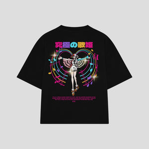 Playera streetwear premium de anime y gaming ExtraLife MX, corte boxy oversized drop shoulder heavyweight en color Deep Black y Off-White, moda urbana mexicana de culto.