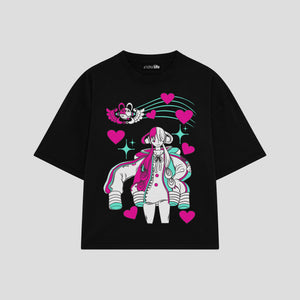 Playera streetwear premium de anime y gaming ExtraLife MX, corte boxy oversized drop shoulder heavyweight en color Deep Black y Off-White, moda urbana mexicana de culto.