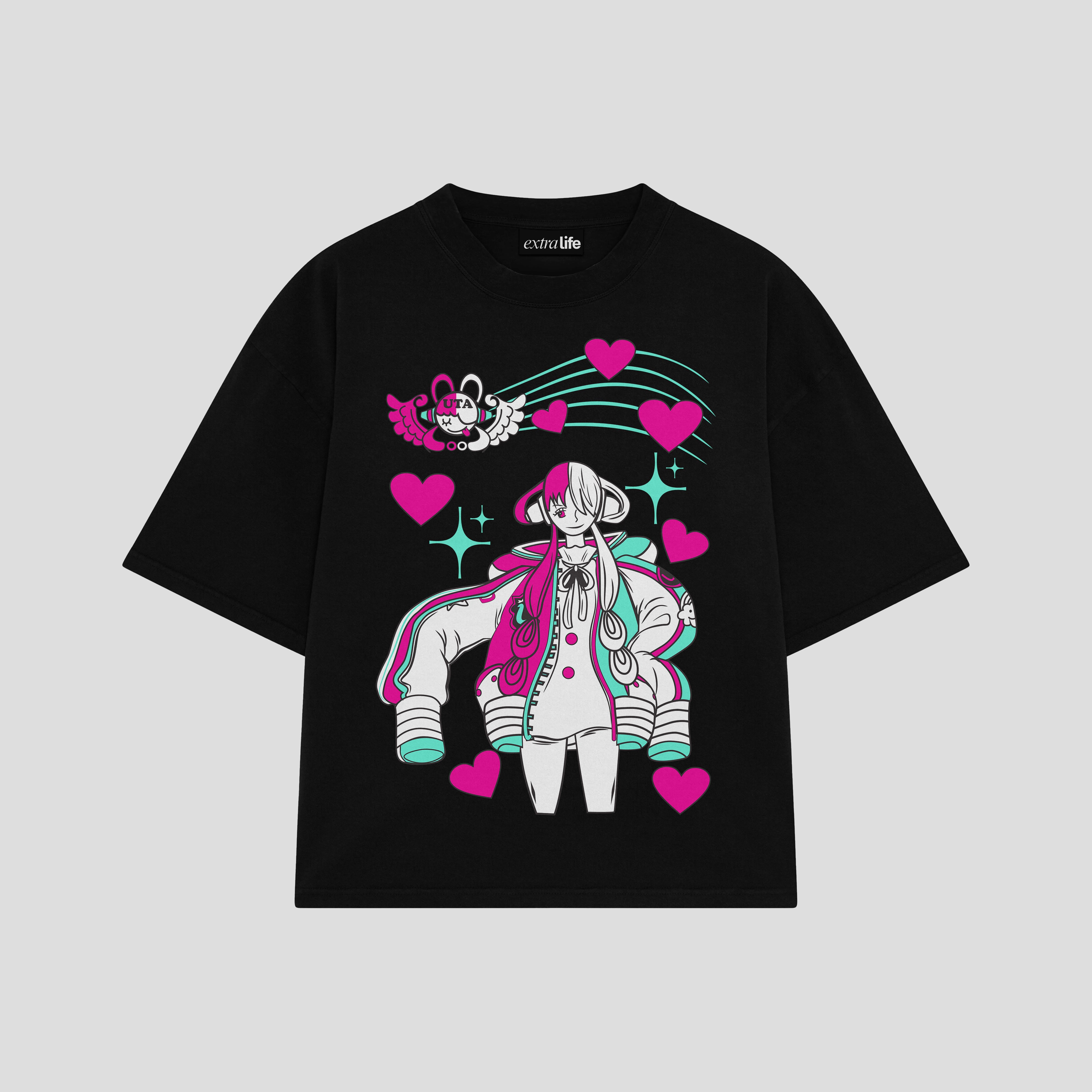 Playera streetwear premium de anime y gaming ExtraLife MX, corte boxy oversized drop shoulder heavyweight en color Deep Black y Off-White, moda urbana mexicana de culto.