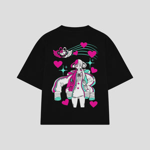 Playera streetwear premium de anime y gaming ExtraLife MX, corte boxy oversized drop shoulder heavyweight en color Deep Black y Off-White, moda urbana mexicana de culto.