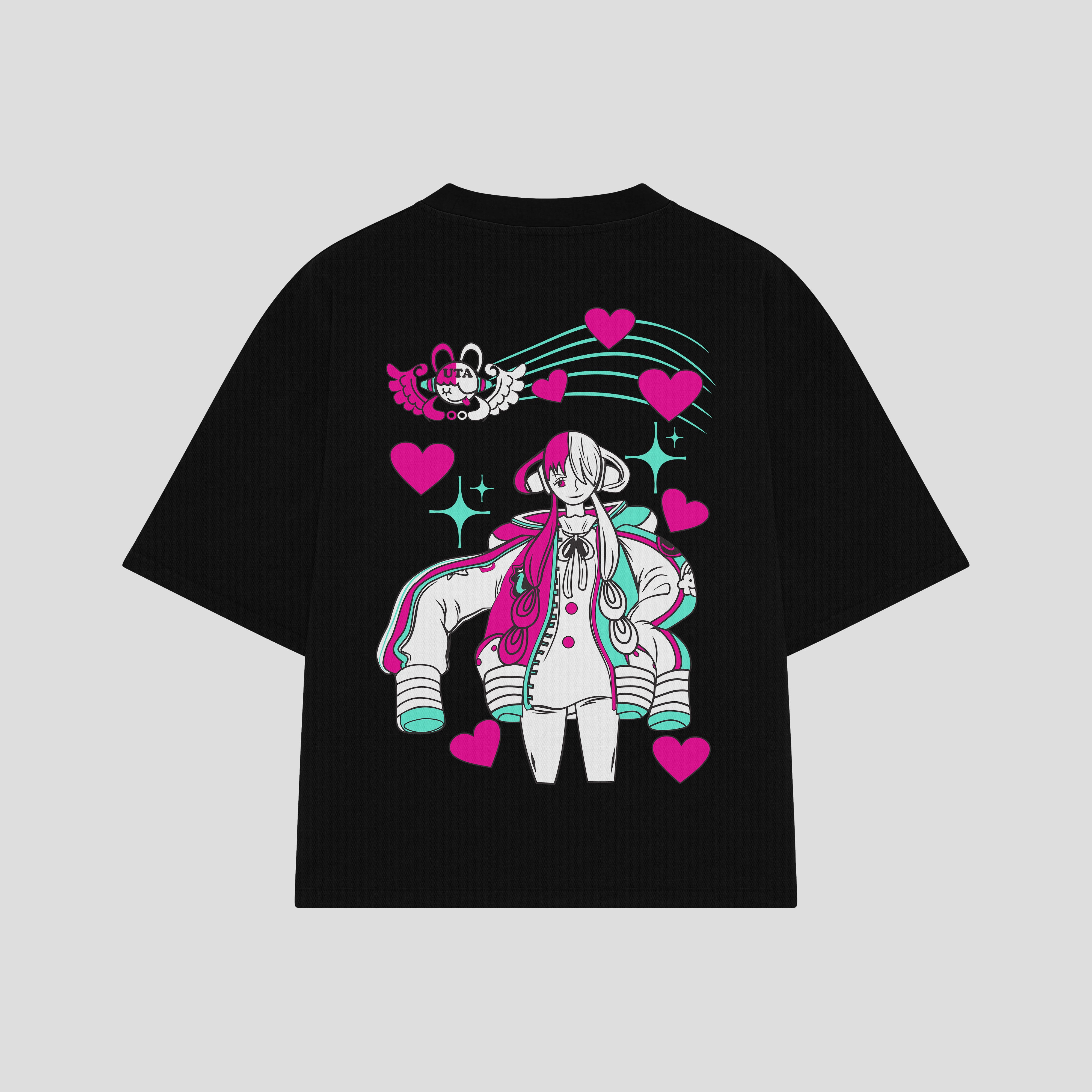 Playera streetwear premium de anime y gaming ExtraLife MX, corte boxy oversized drop shoulder heavyweight en color Deep Black y Off-White, moda urbana mexicana de culto.