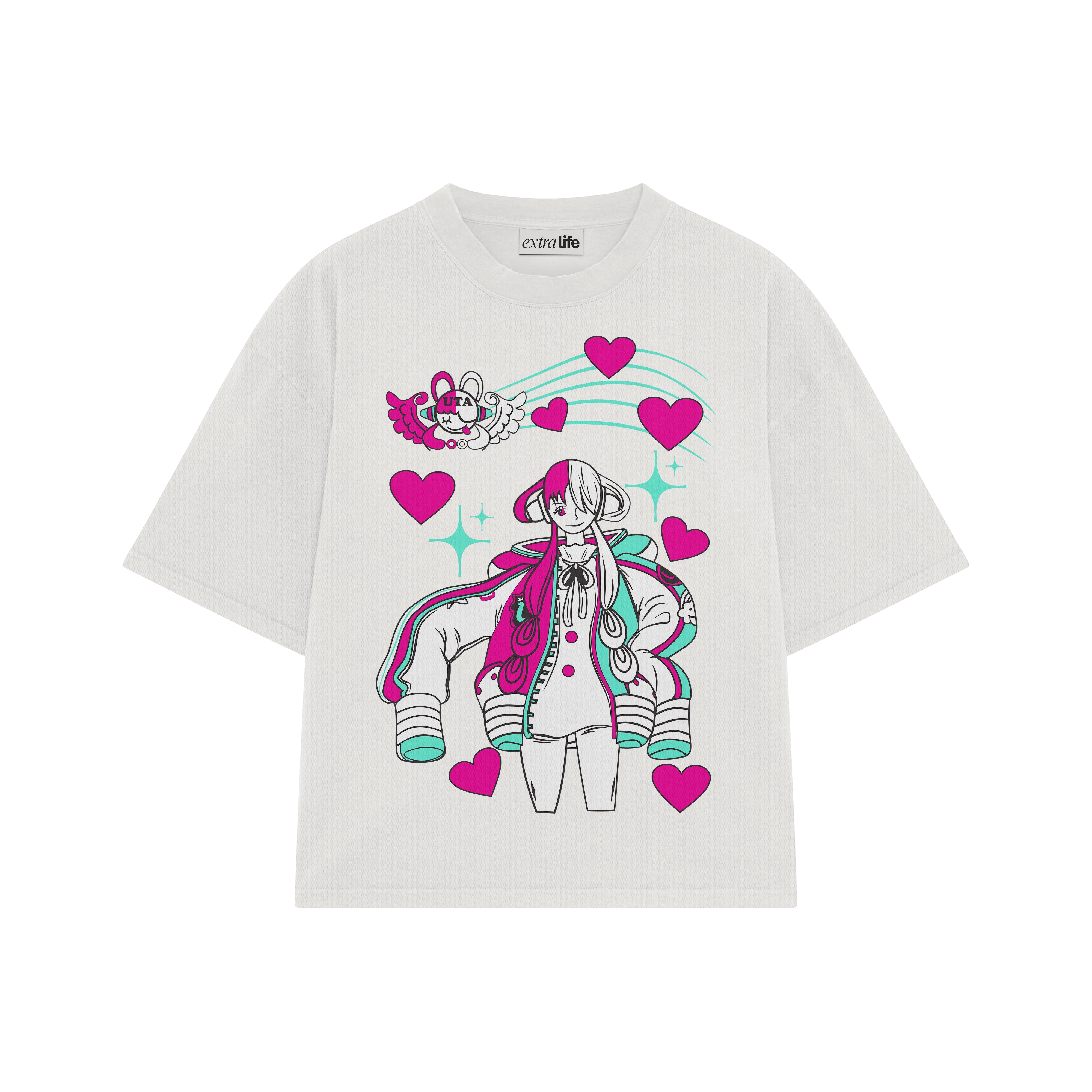 Playera streetwear premium de anime y gaming ExtraLife MX, corte boxy oversized drop shoulder heavyweight en color Deep Black y Off-White, moda urbana mexicana de culto.