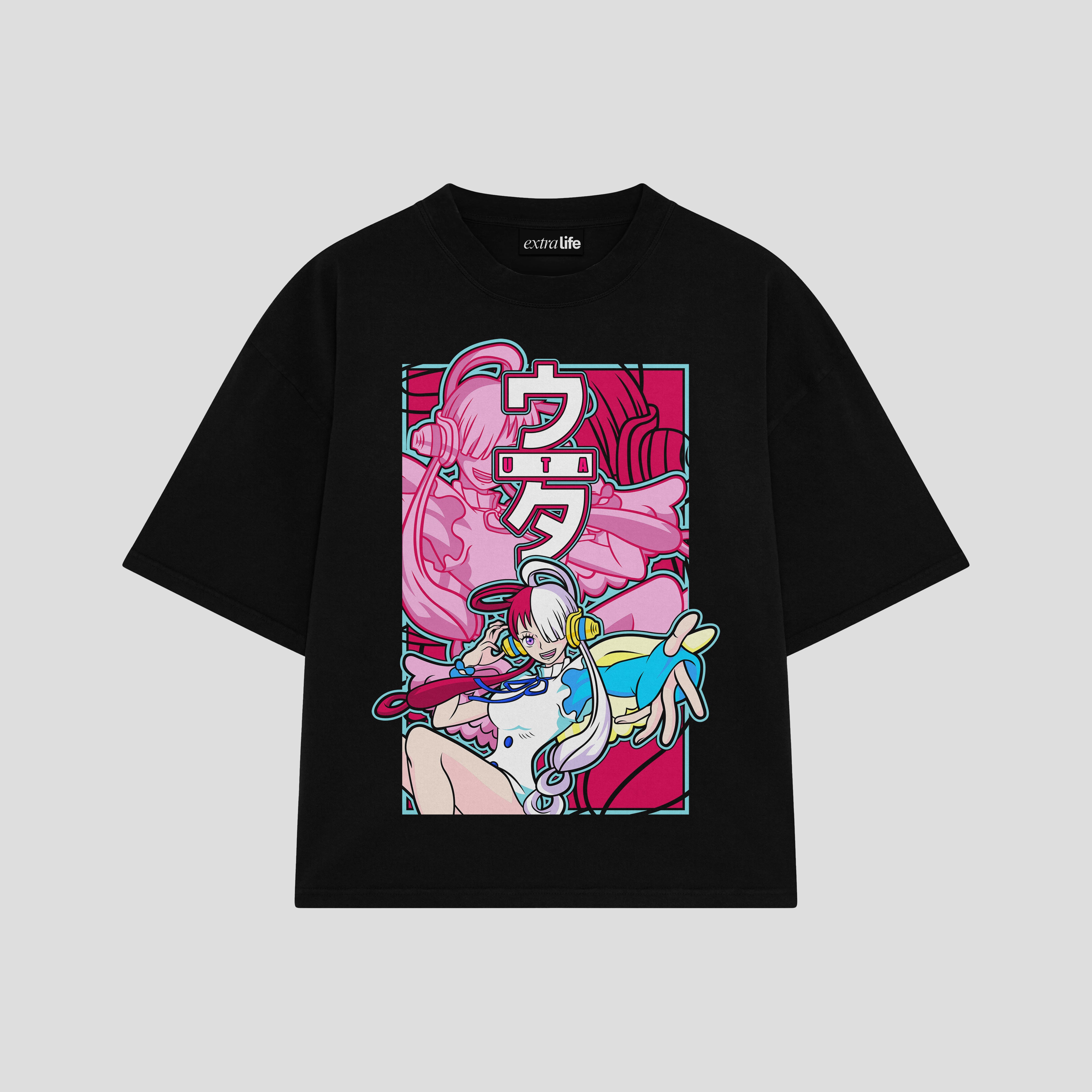 Playera streetwear premium de anime y gaming ExtraLife MX, corte boxy oversized drop shoulder heavyweight en color Deep Black y Off-White, moda urbana mexicana de culto.