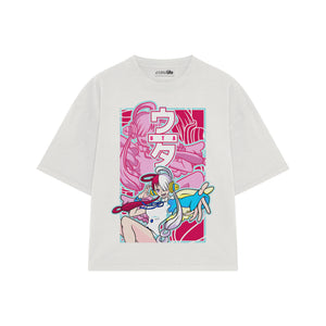 Playera streetwear premium de anime y gaming ExtraLife MX, corte boxy oversized drop shoulder heavyweight en color Deep Black y Off-White, moda urbana mexicana de culto.