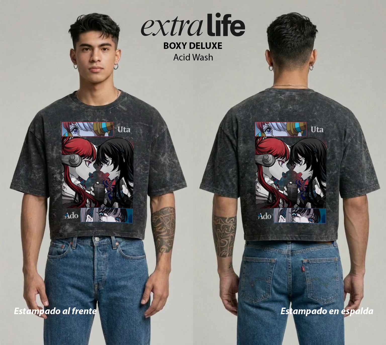 Playera streetwear premium de anime y gaming ExtraLife MX, corte boxy deluxe mineral wash heavyweight en color Acid Wash, moda urbana mexicana de culto.