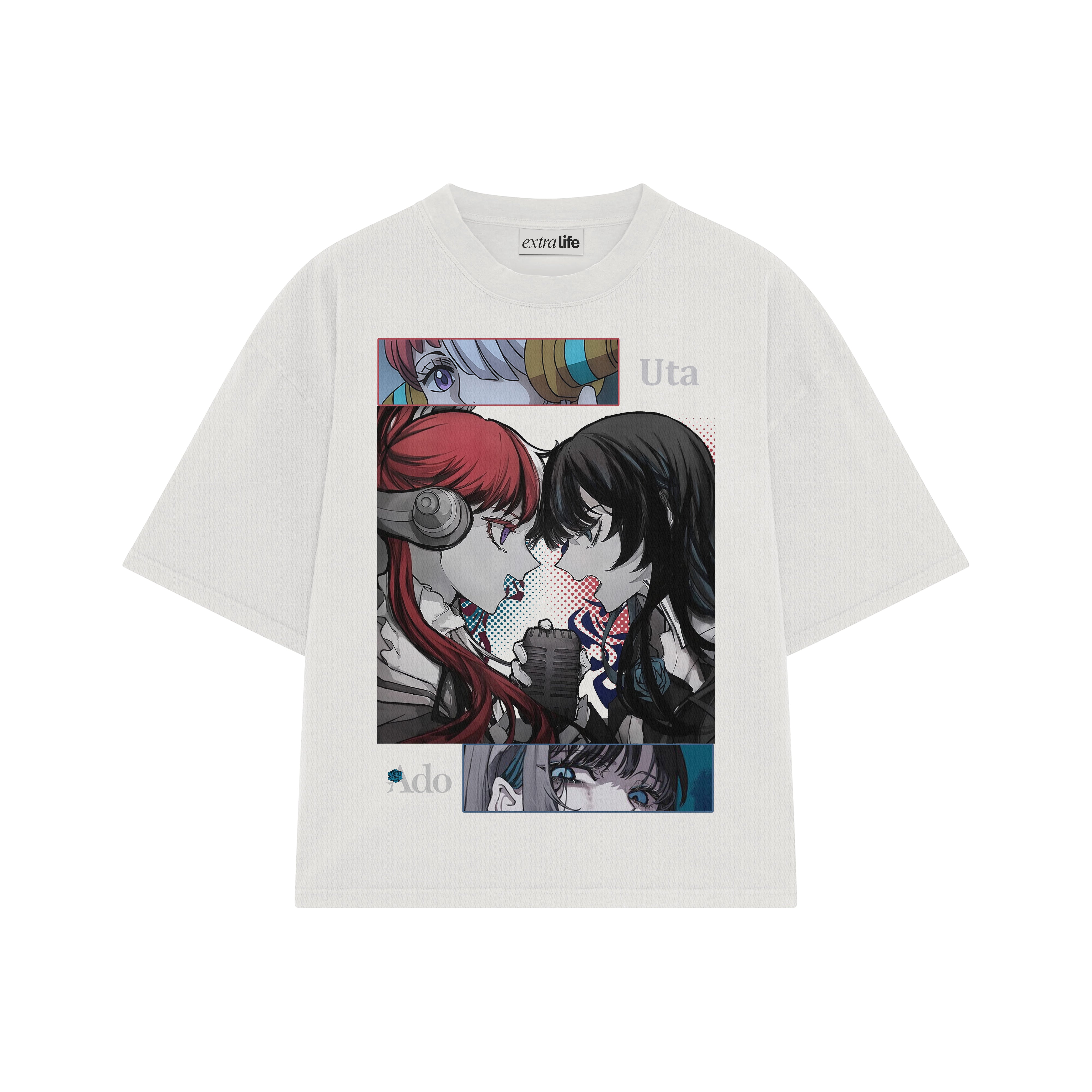Playera streetwear premium de anime y gaming ExtraLife MX, corte boxy oversized drop shoulder heavyweight en color Deep Black y Off-White, moda urbana mexicana de culto.