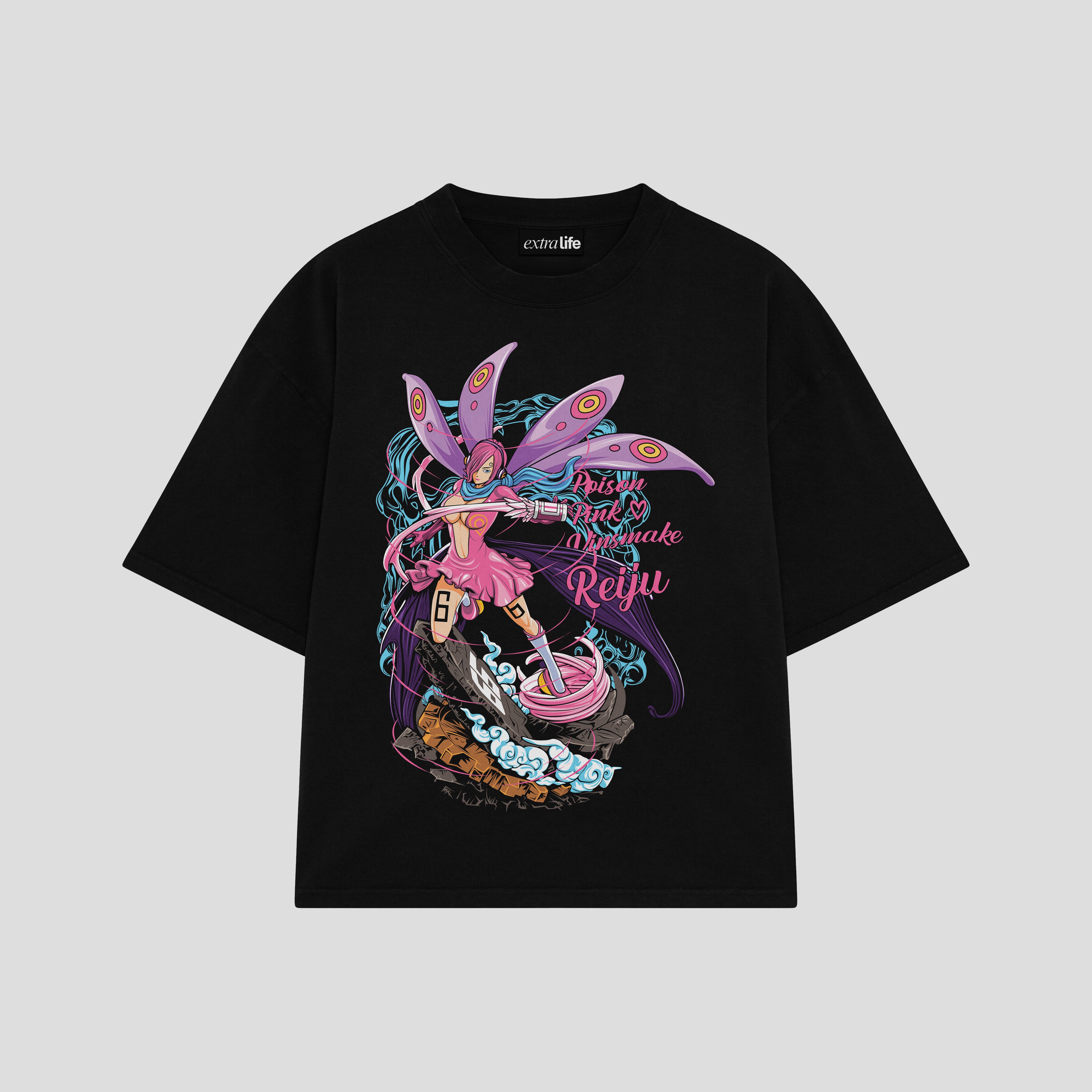 Playera streetwear premium de anime y gaming ExtraLife MX, corte boxy oversized drop shoulder heavyweight en color Deep Black y Off-White, moda urbana mexicana de culto.