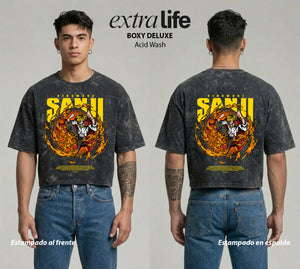 Playera streetwear premium de anime y gaming ExtraLife MX, corte boxy deluxe mineral wash heavyweight en color Acid Wash, moda urbana mexicana de culto.