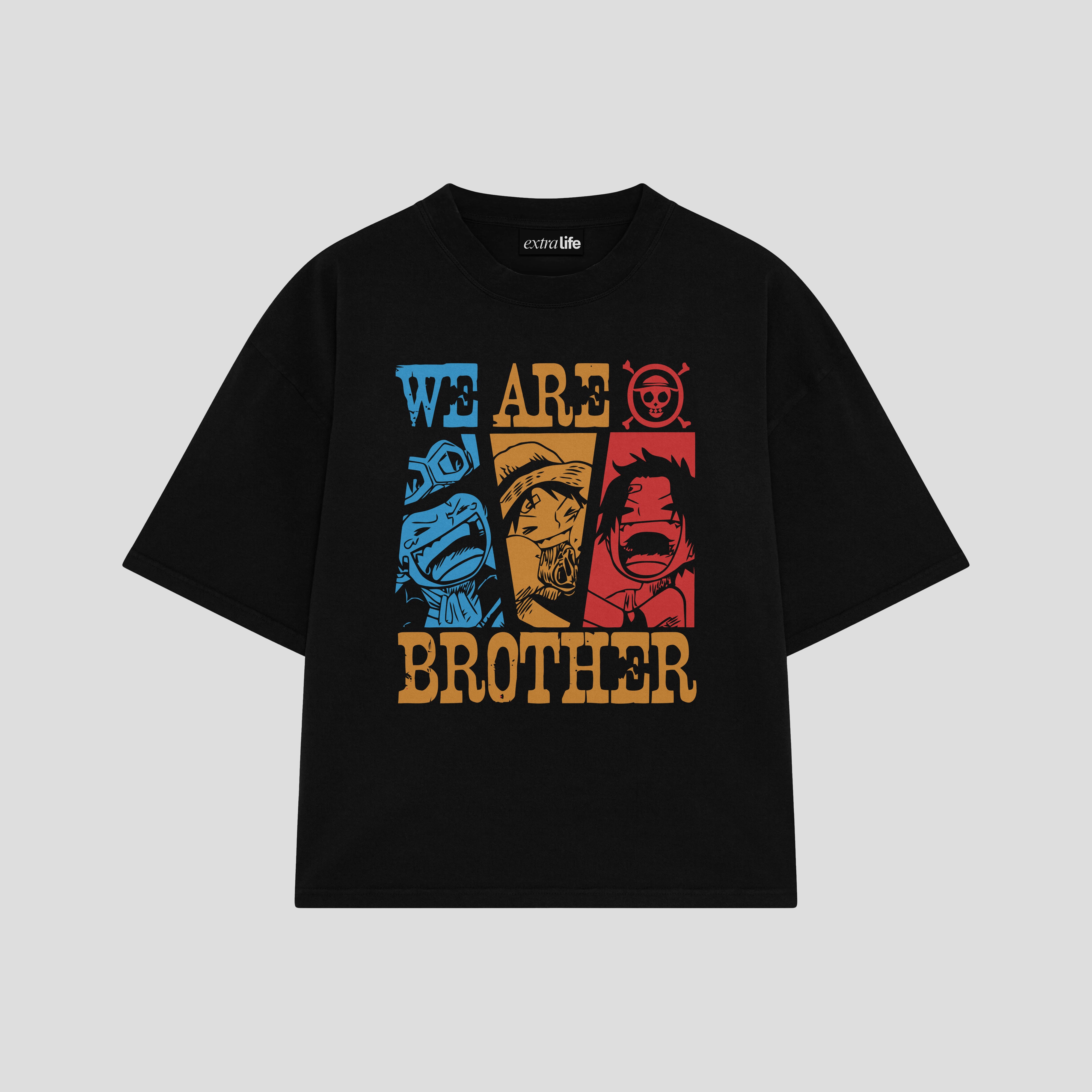 Playera streetwear premium de anime y gaming ExtraLife MX, corte boxy oversized drop shoulder heavyweight en color Deep Black y Off-White, moda urbana mexicana de culto.