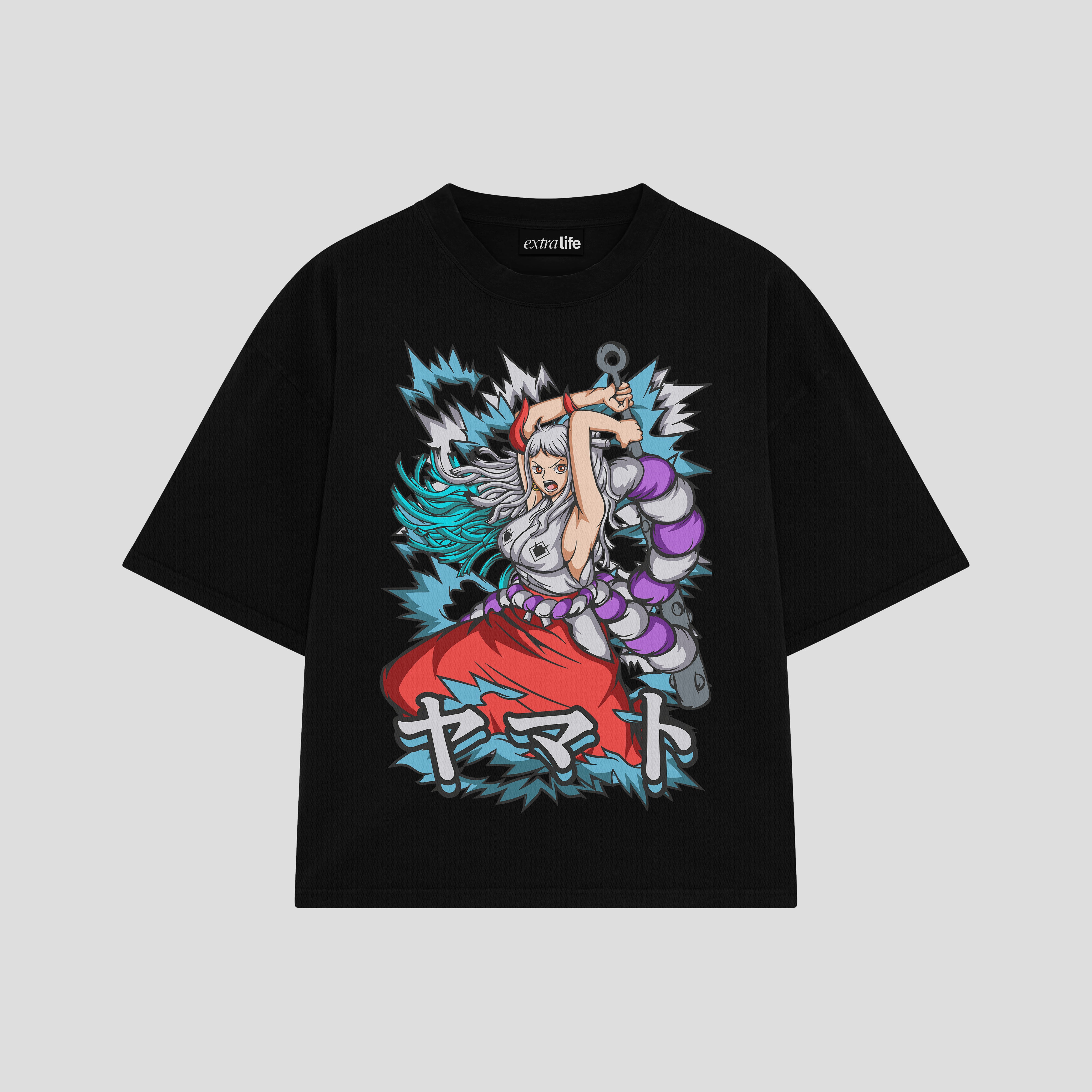 Playera streetwear premium de anime y gaming ExtraLife MX, corte boxy oversized drop shoulder heavyweight en color Deep Black y Off-White, moda urbana mexicana de culto.