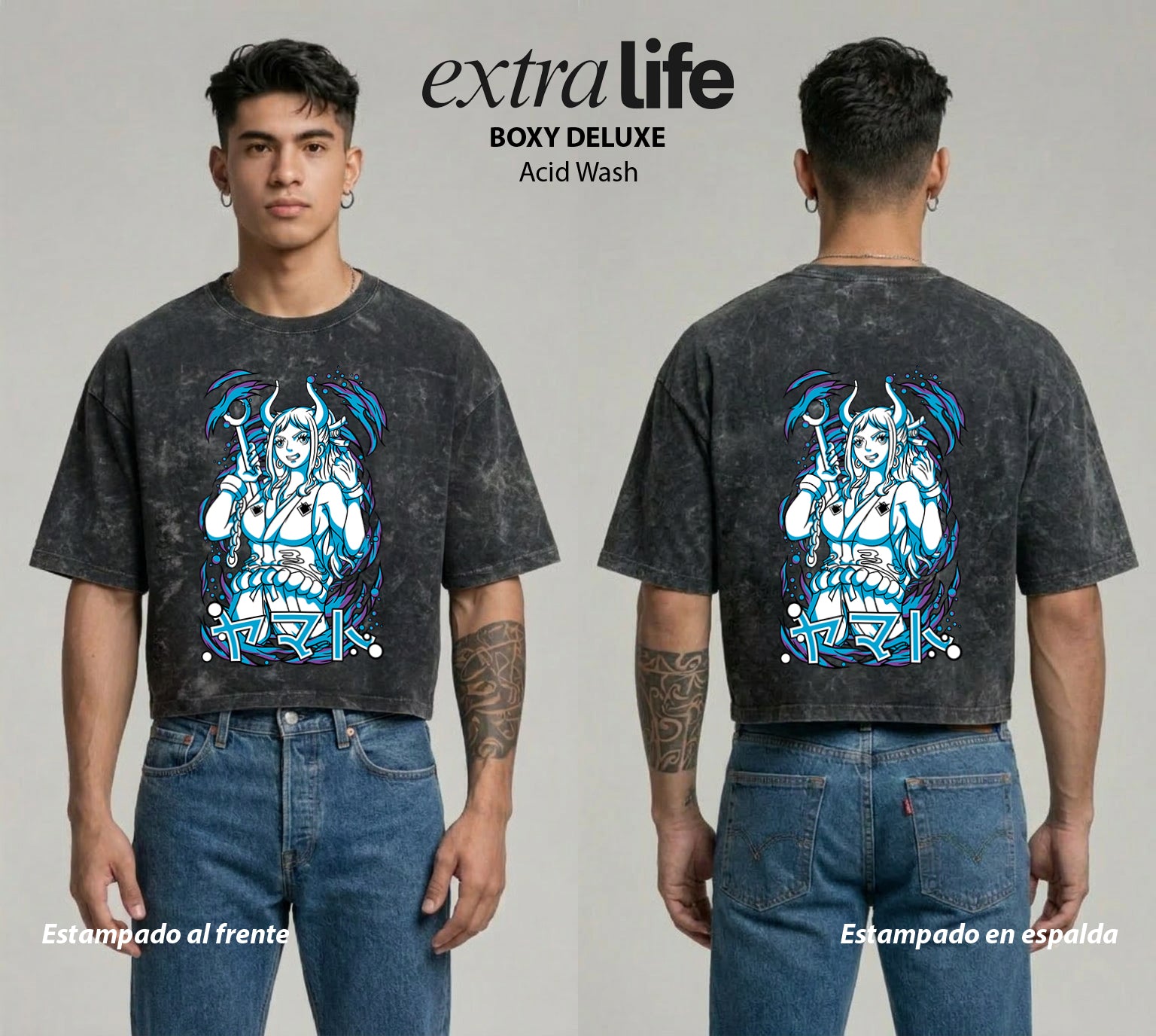 Playera streetwear premium de anime y gaming ExtraLife MX, corte boxy deluxe mineral wash heavyweight en color Acid Wash, moda urbana mexicana de culto.