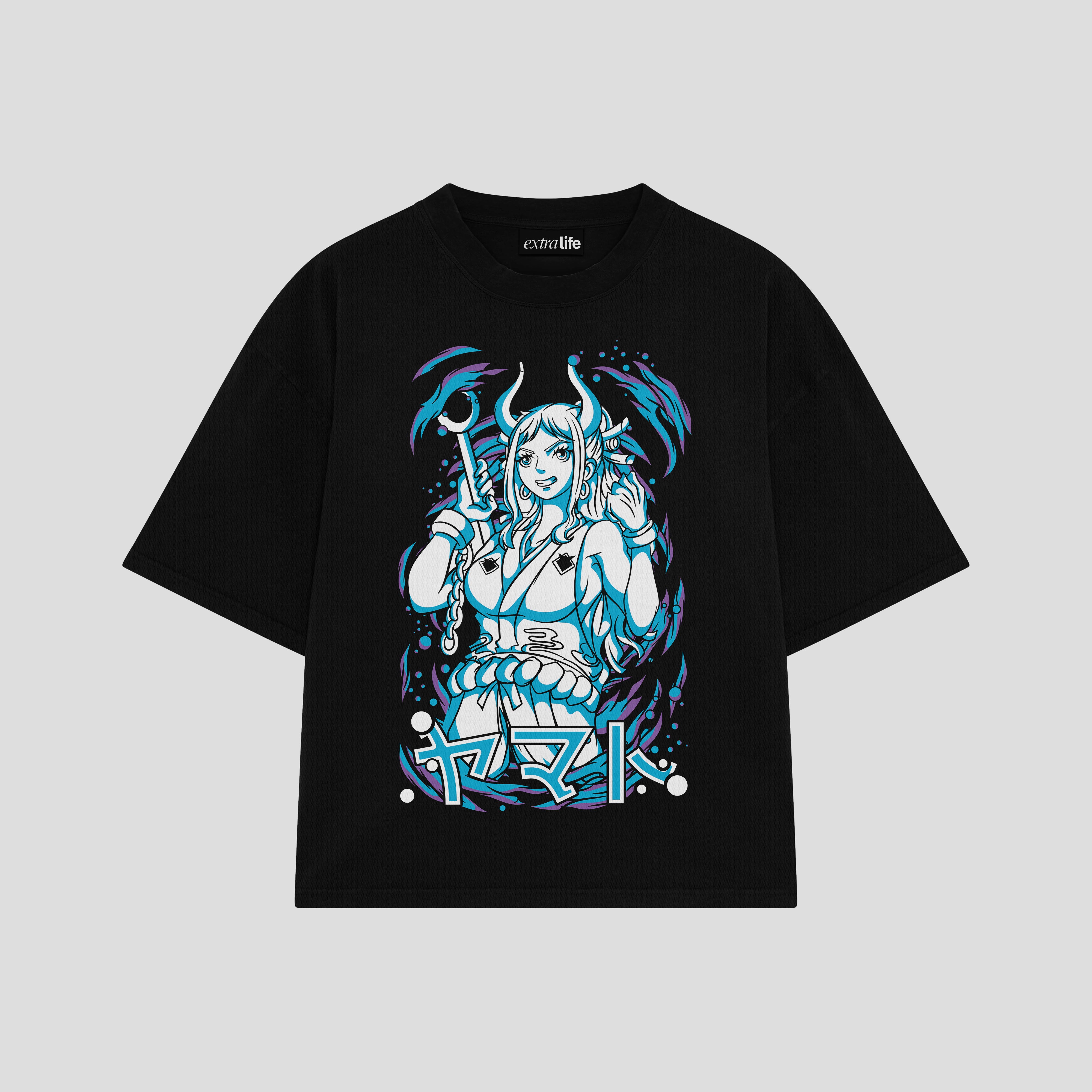 Playera streetwear premium de anime y gaming ExtraLife MX, corte boxy oversized drop shoulder heavyweight en color Deep Black y Off-White, moda urbana mexicana de culto.