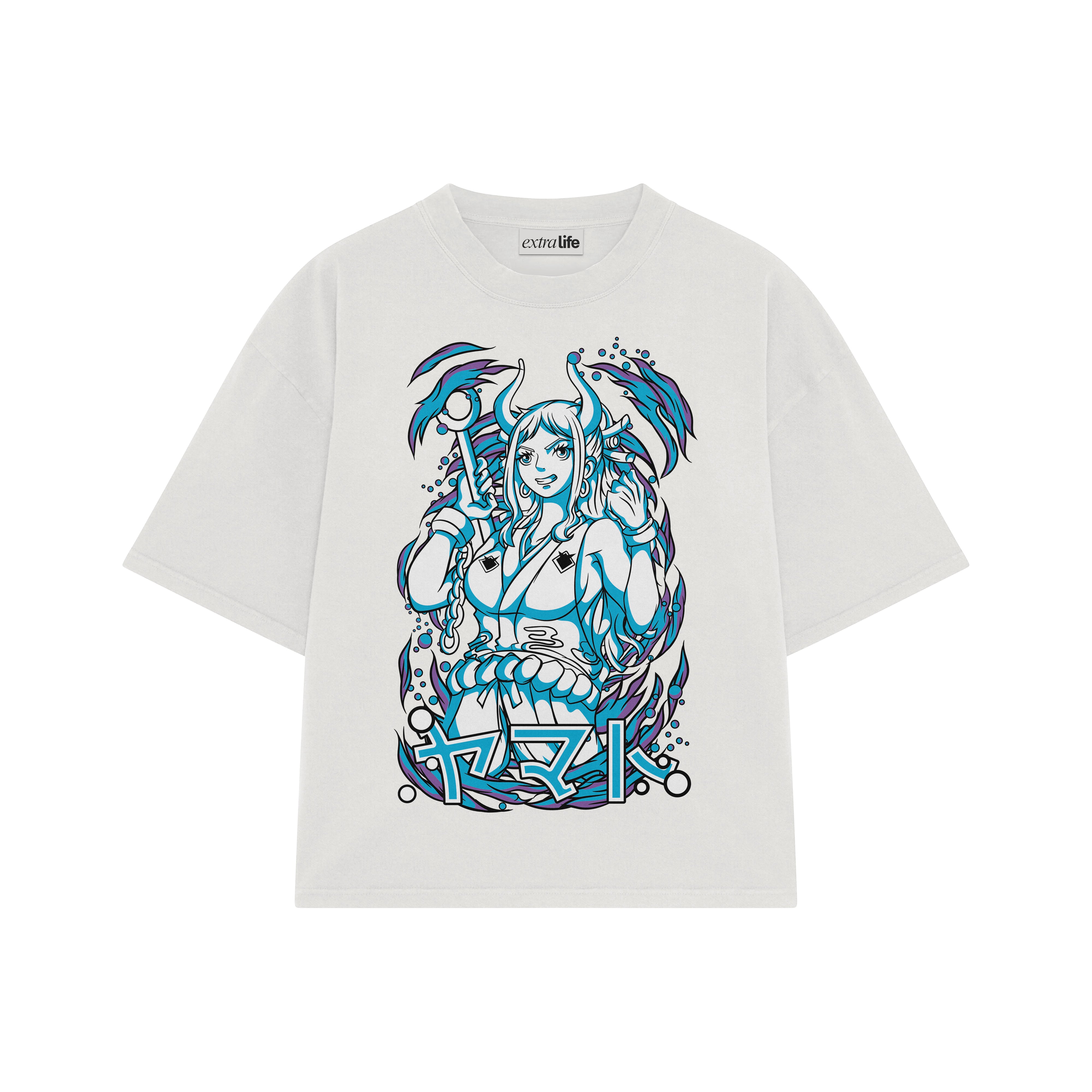 Playera streetwear premium de anime y gaming ExtraLife MX, corte boxy oversized drop shoulder heavyweight en color Deep Black y Off-White, moda urbana mexicana de culto.