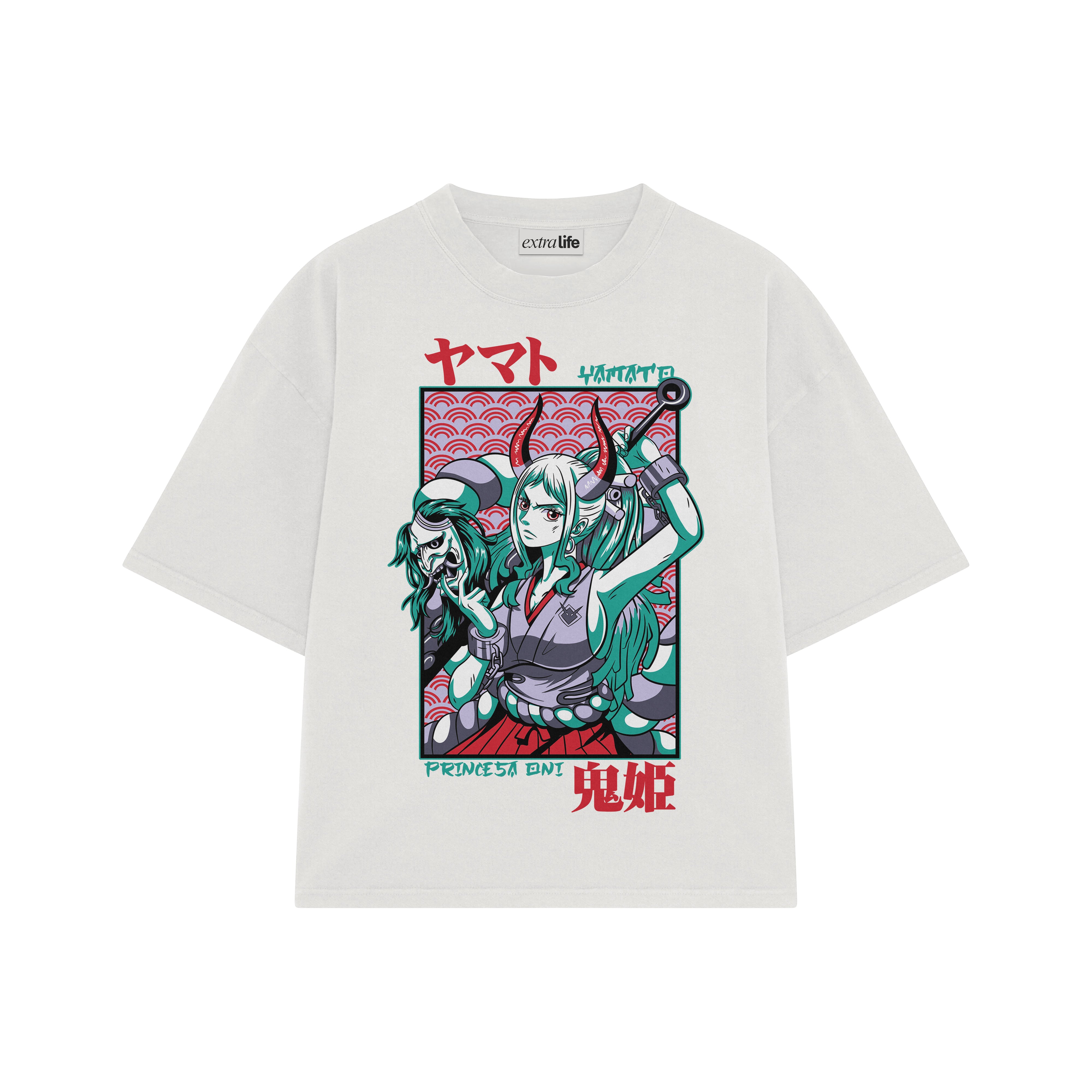Playera streetwear premium de anime y gaming ExtraLife MX, corte boxy oversized drop shoulder heavyweight en color Deep Black y Off-White, moda urbana mexicana de culto.