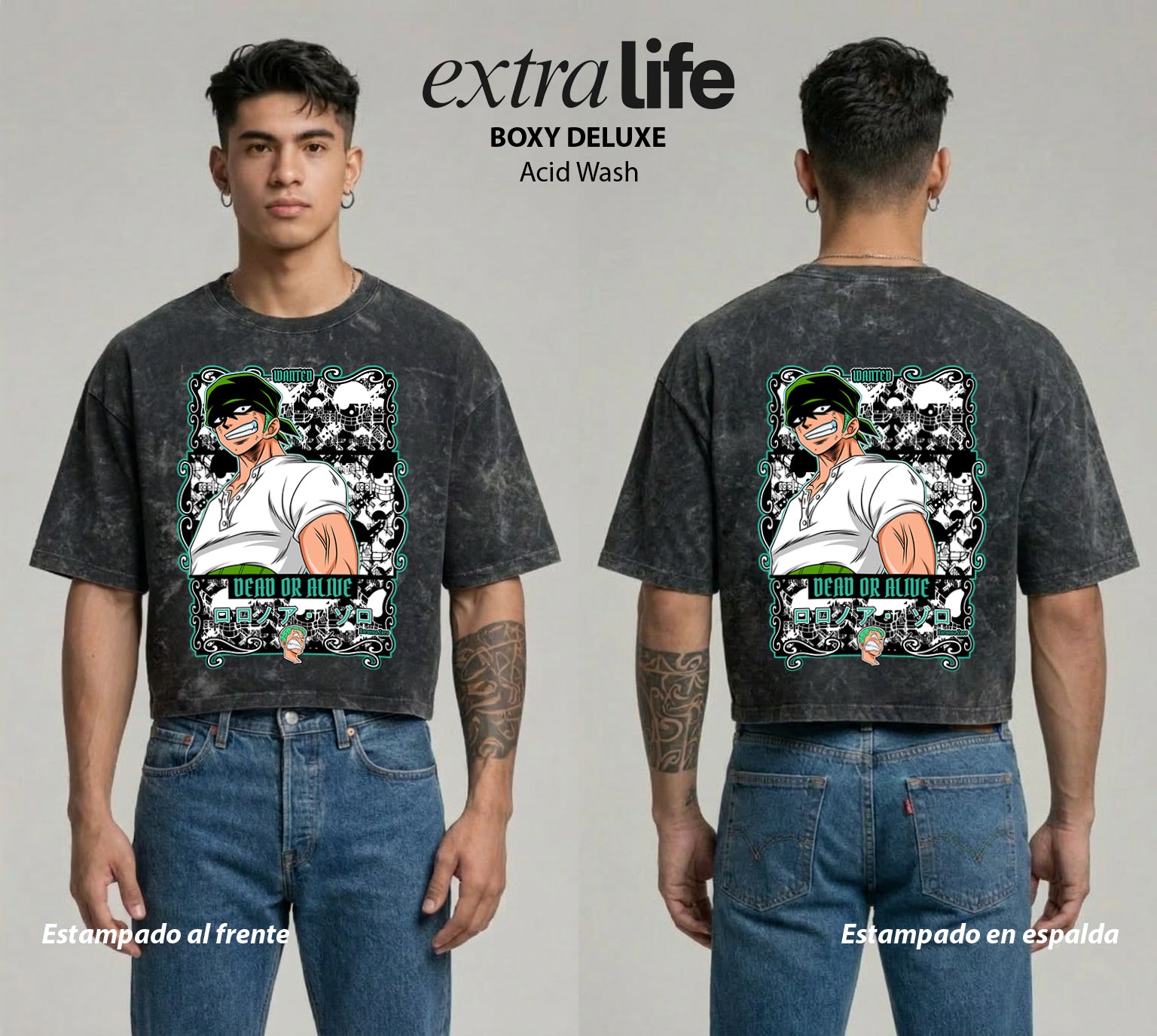 Playera streetwear premium de anime y gaming ExtraLife MX, corte boxy deluxe mineral wash heavyweight en color Acid Wash, moda urbana mexicana de culto.