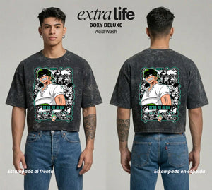 Playera streetwear premium de anime y gaming ExtraLife MX, corte boxy deluxe mineral wash heavyweight en color Acid Wash, moda urbana mexicana de culto.