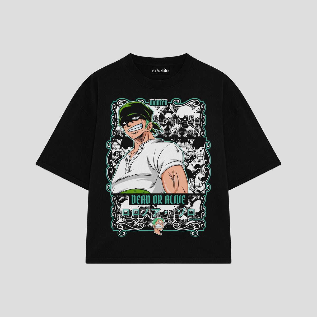 Playera streetwear premium de anime y gaming ExtraLife MX, corte oversized drop shoulder ligero y fresco en color Deep Black y Off-White, moda urbana mexicana de culto.