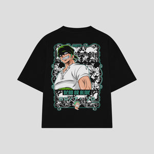 Playera streetwear premium de anime y gaming ExtraLife MX, corte boxy oversized drop shoulder heavyweight en color Deep Black y Off-White, moda urbana mexicana de culto.