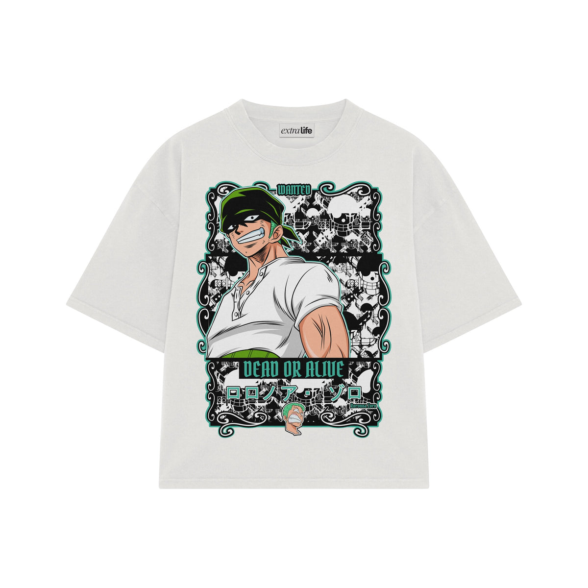Playera streetwear premium de anime y gaming ExtraLife MX, corte oversized drop shoulder ligero y fresco en color Deep Black y Off-White, moda urbana mexicana de culto.