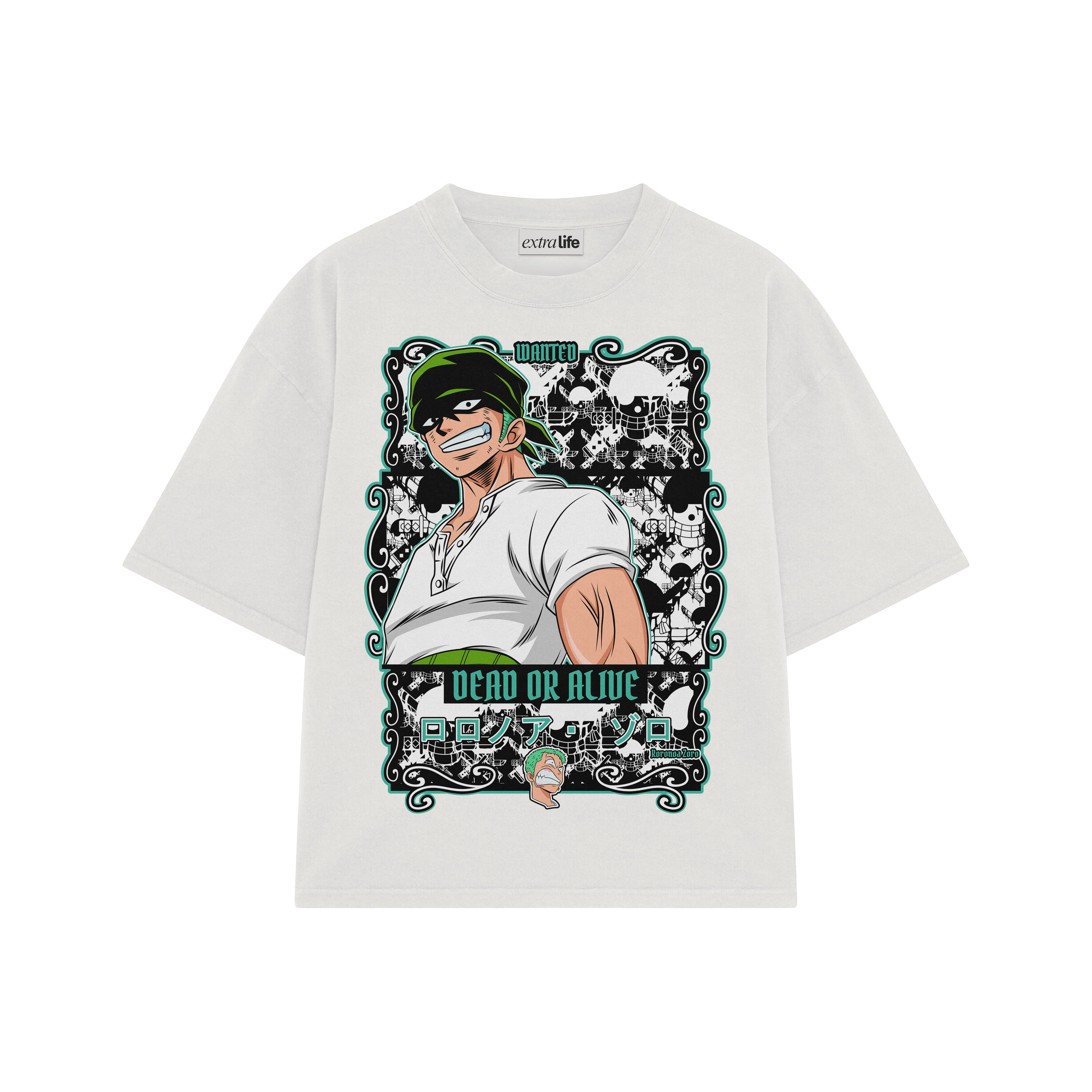 Playera streetwear premium de anime y gaming ExtraLife MX, corte boxy oversized drop shoulder heavyweight en color Deep Black y Off-White, moda urbana mexicana de culto.