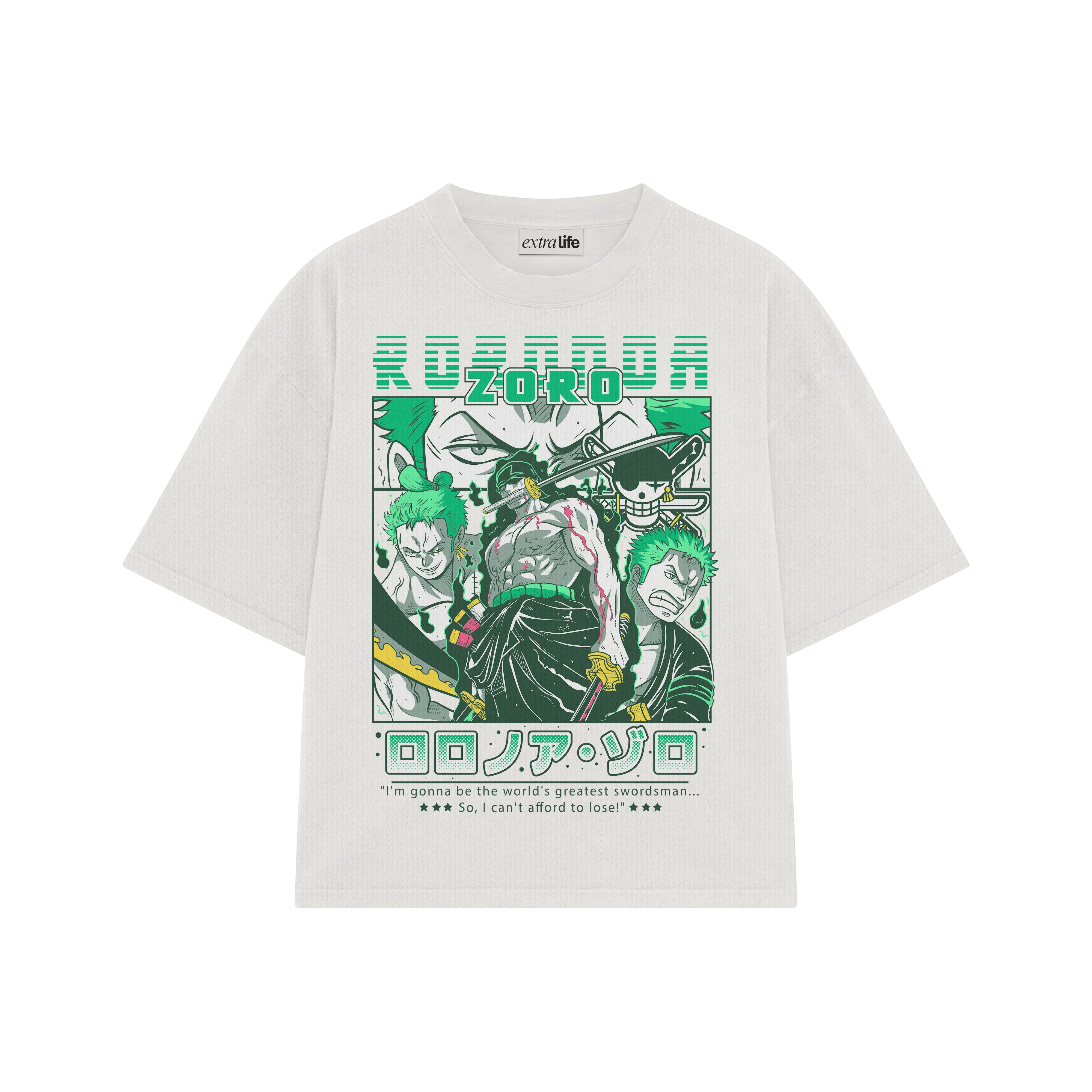 Playera streetwear premium de anime y gaming ExtraLife MX, corte boxy oversized drop shoulder heavyweight en color Deep Black y Off-White, moda urbana mexicana de culto.