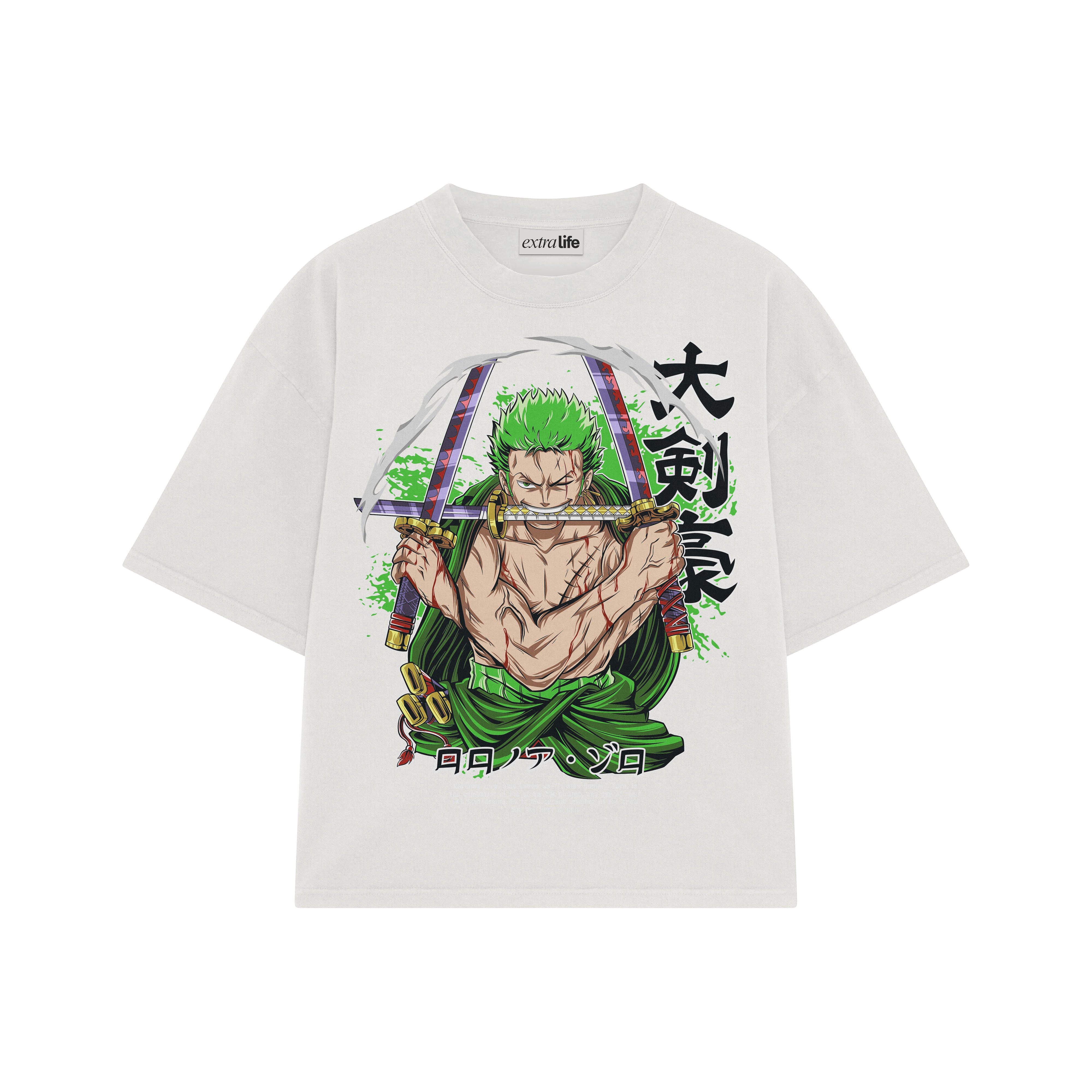 Playera streetwear premium de anime y gaming ExtraLife MX, corte boxy oversized drop shoulder heavyweight en color Deep Black y Off-White, moda urbana mexicana de culto.