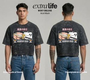 Playera streetwear premium de anime y gaming ExtraLife MX, corte boxy deluxe mineral wash heavyweight en color Acid Wash, moda urbana mexicana de culto.