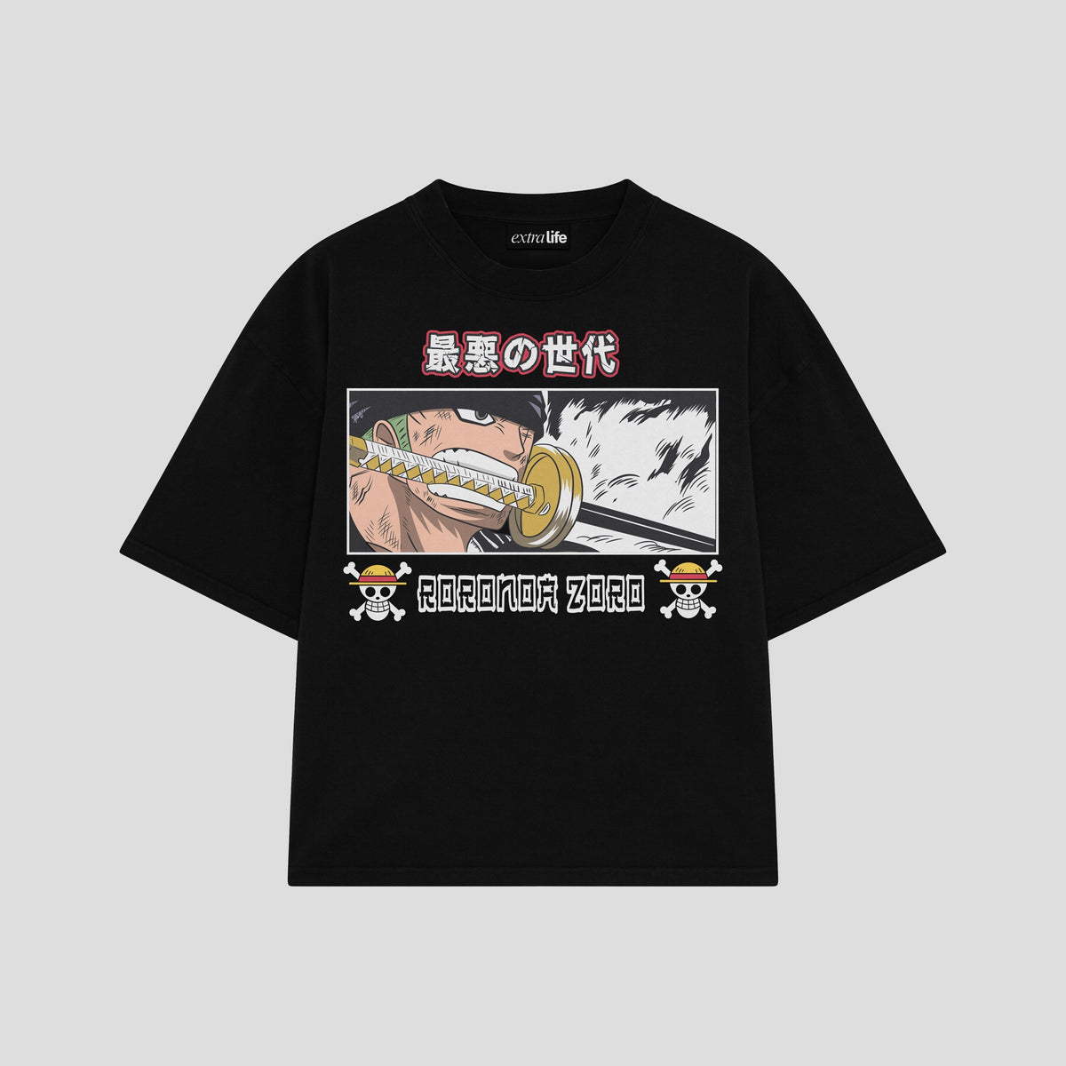 Playera streetwear premium de anime y gaming ExtraLife MX, corte oversized drop shoulder ligero y fresco en color Deep Black y Off-White, moda urbana mexicana de culto.