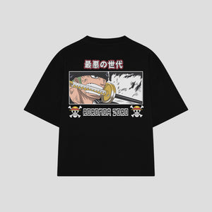 Playera streetwear premium de anime y gaming ExtraLife MX, corte boxy oversized drop shoulder heavyweight en color Deep Black y Off-White, moda urbana mexicana de culto.