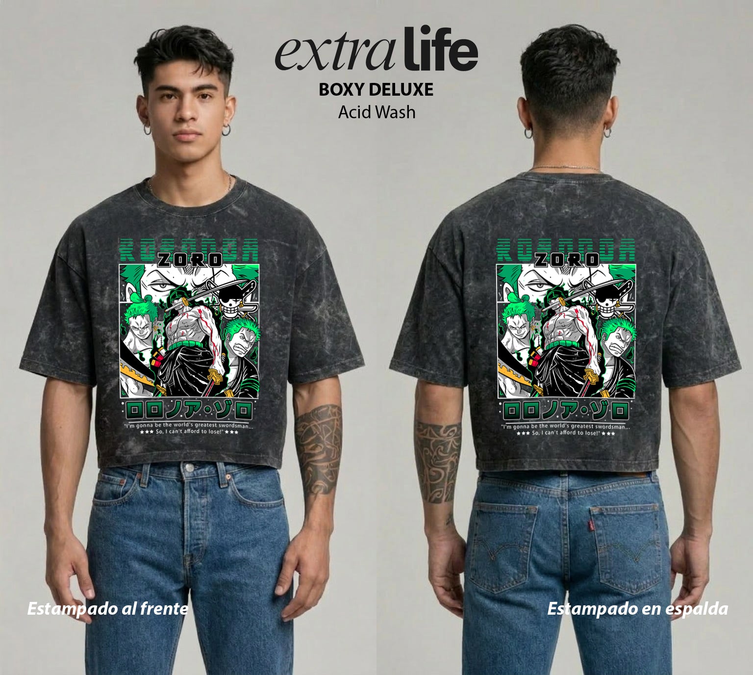 Playera streetwear premium de anime y gaming ExtraLife MX, corte boxy deluxe mineral wash heavyweight en color Acid Wash, moda urbana mexicana de culto.