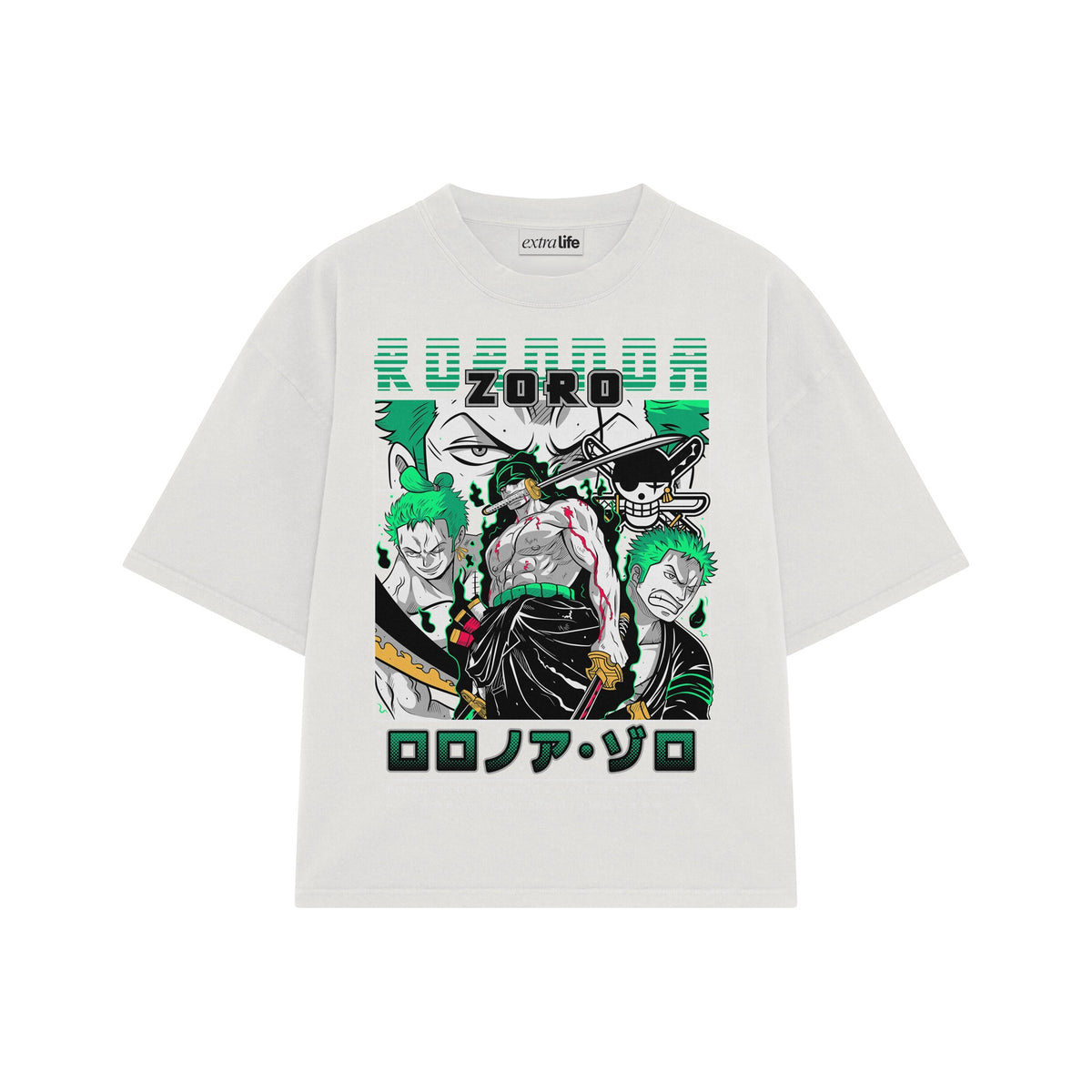 Playera streetwear premium de anime y gaming ExtraLife MX, corte oversized drop shoulder ligero y fresco en color Deep Black y Off-White, moda urbana mexicana de culto.