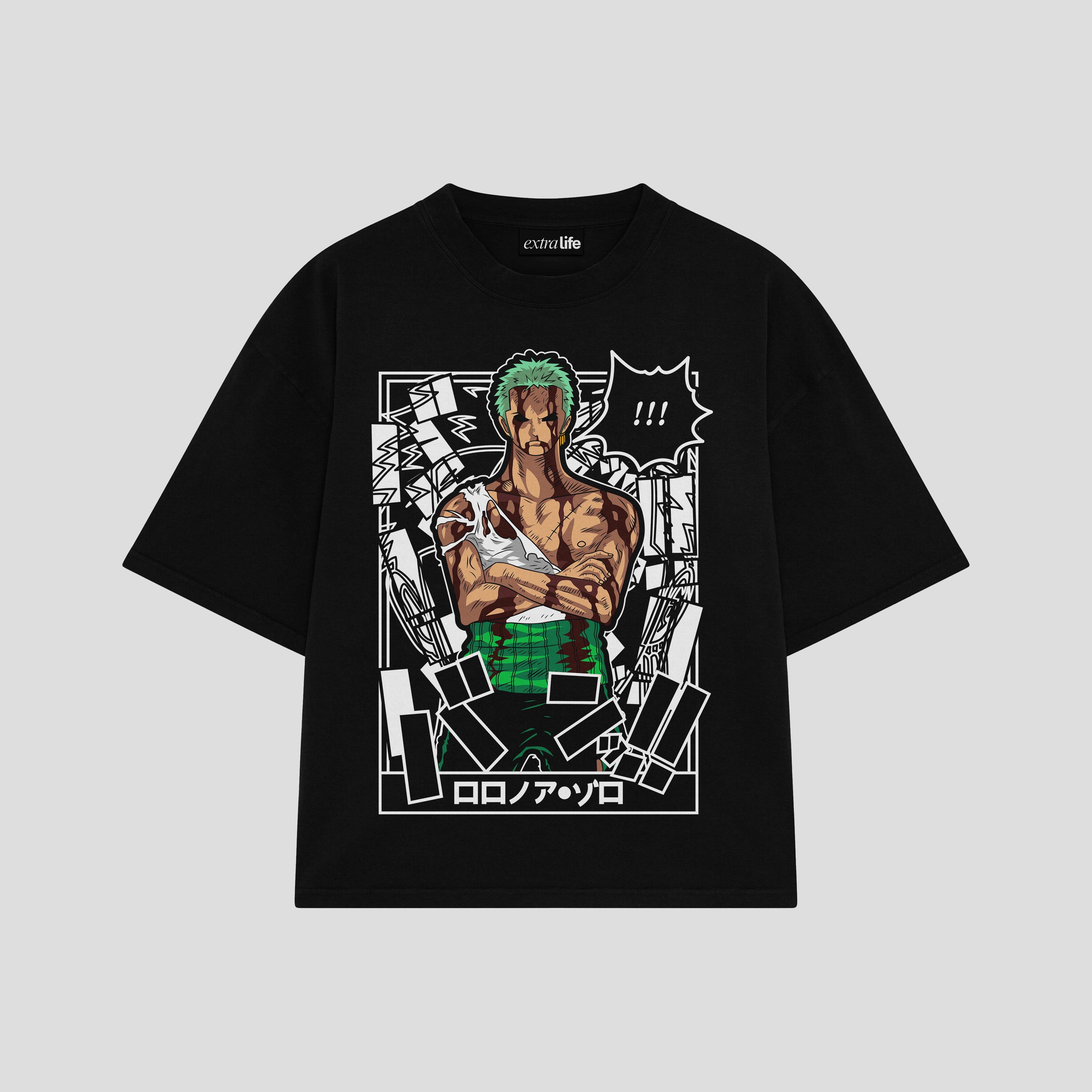Playera streetwear premium de anime y gaming ExtraLife MX, corte boxy oversized drop shoulder heavyweight en color Deep Black y Off-White, moda urbana mexicana de culto.