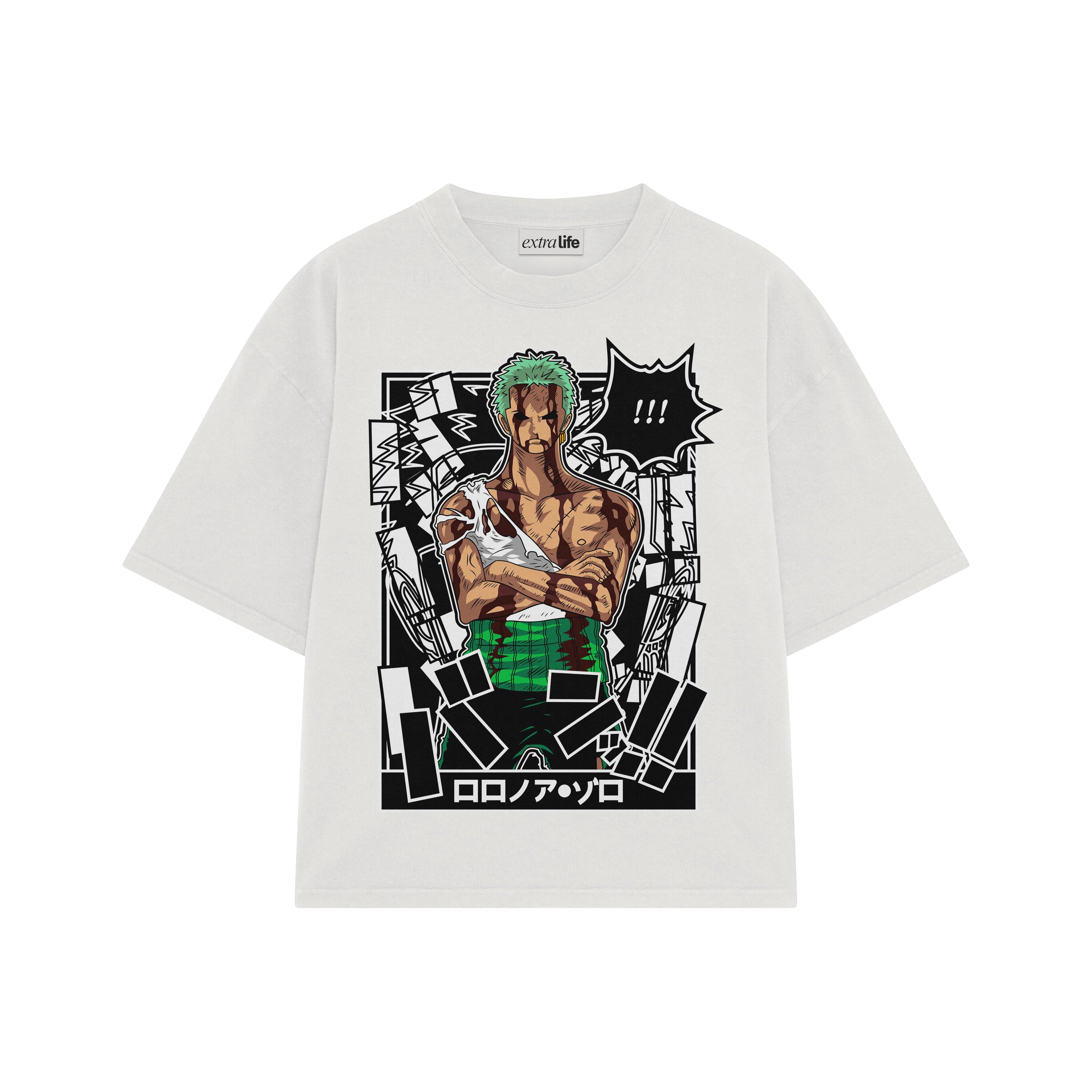 Playera streetwear premium de anime y gaming ExtraLife MX, corte boxy oversized drop shoulder heavyweight en color Deep Black y Off-White, moda urbana mexicana de culto.