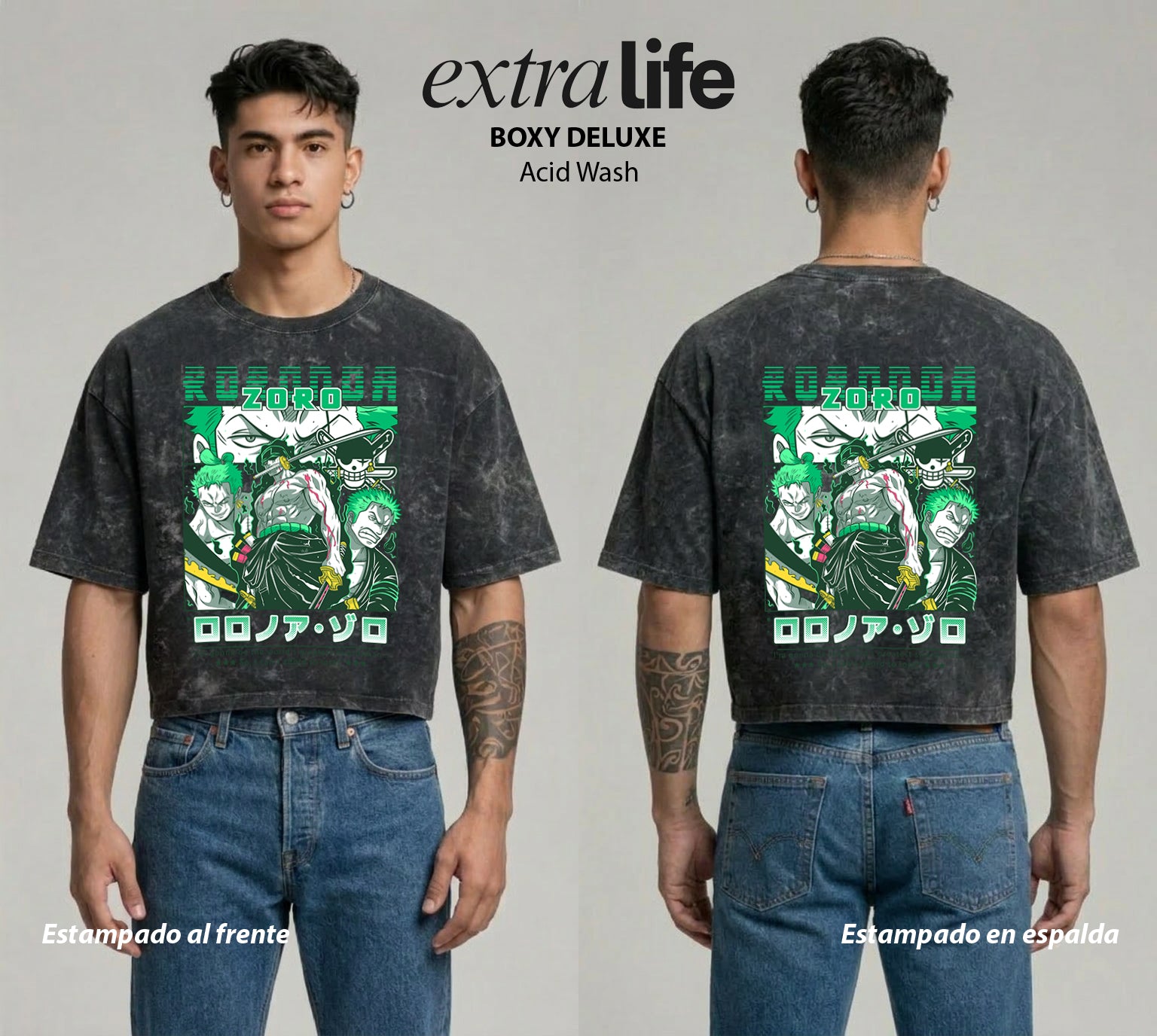 Playera streetwear premium de anime y gaming ExtraLife MX, corte boxy deluxe mineral wash heavyweight en color Acid Wash, moda urbana mexicana de culto.