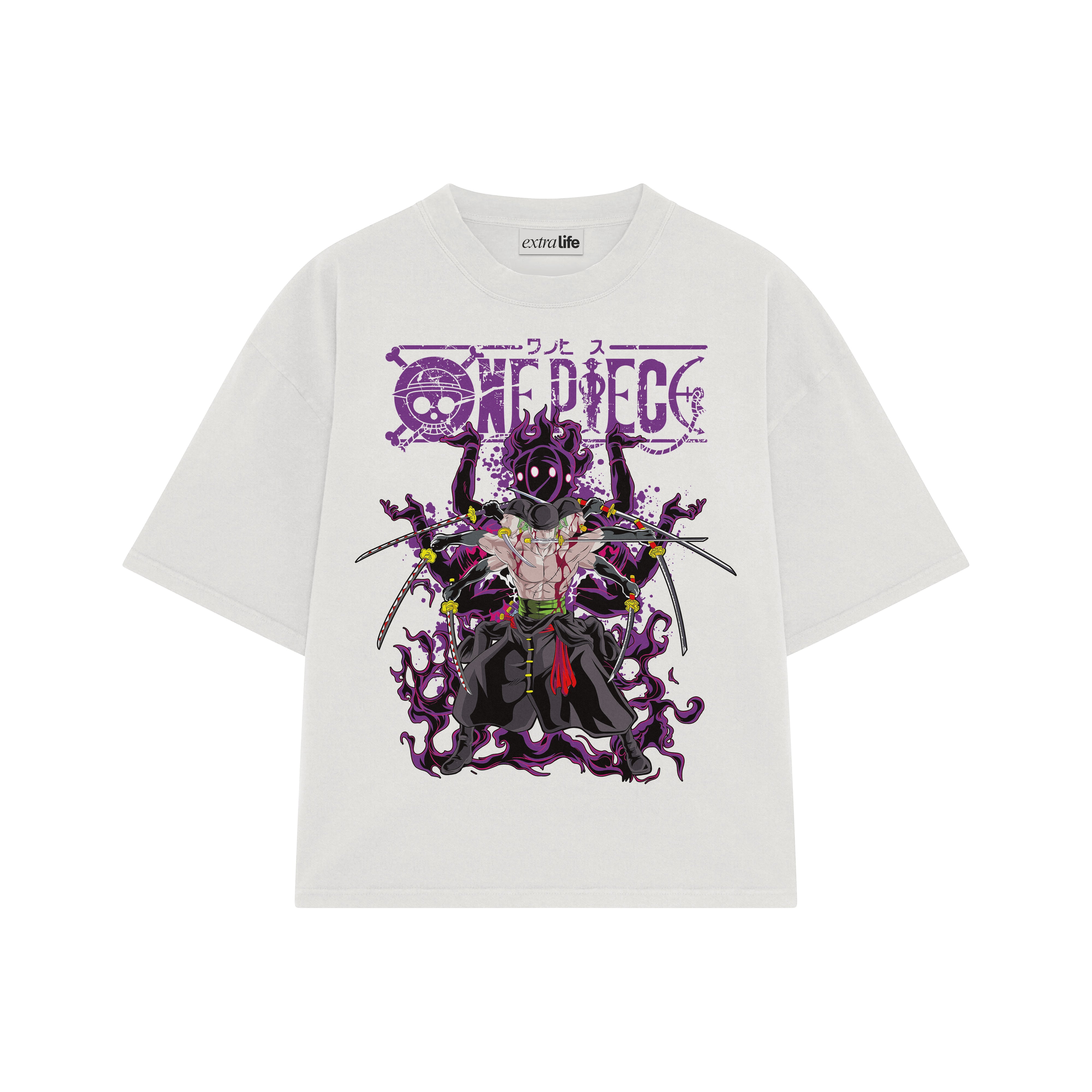 Playera streetwear premium de anime y gaming ExtraLife MX, corte boxy oversized drop shoulder heavyweight en color Deep Black y Off-White, moda urbana mexicana de culto.