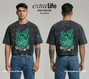 Playera streetwear premium de anime y gaming ExtraLife MX, corte boxy deluxe mineral wash heavyweight en color Acid Wash, moda urbana mexicana de culto.