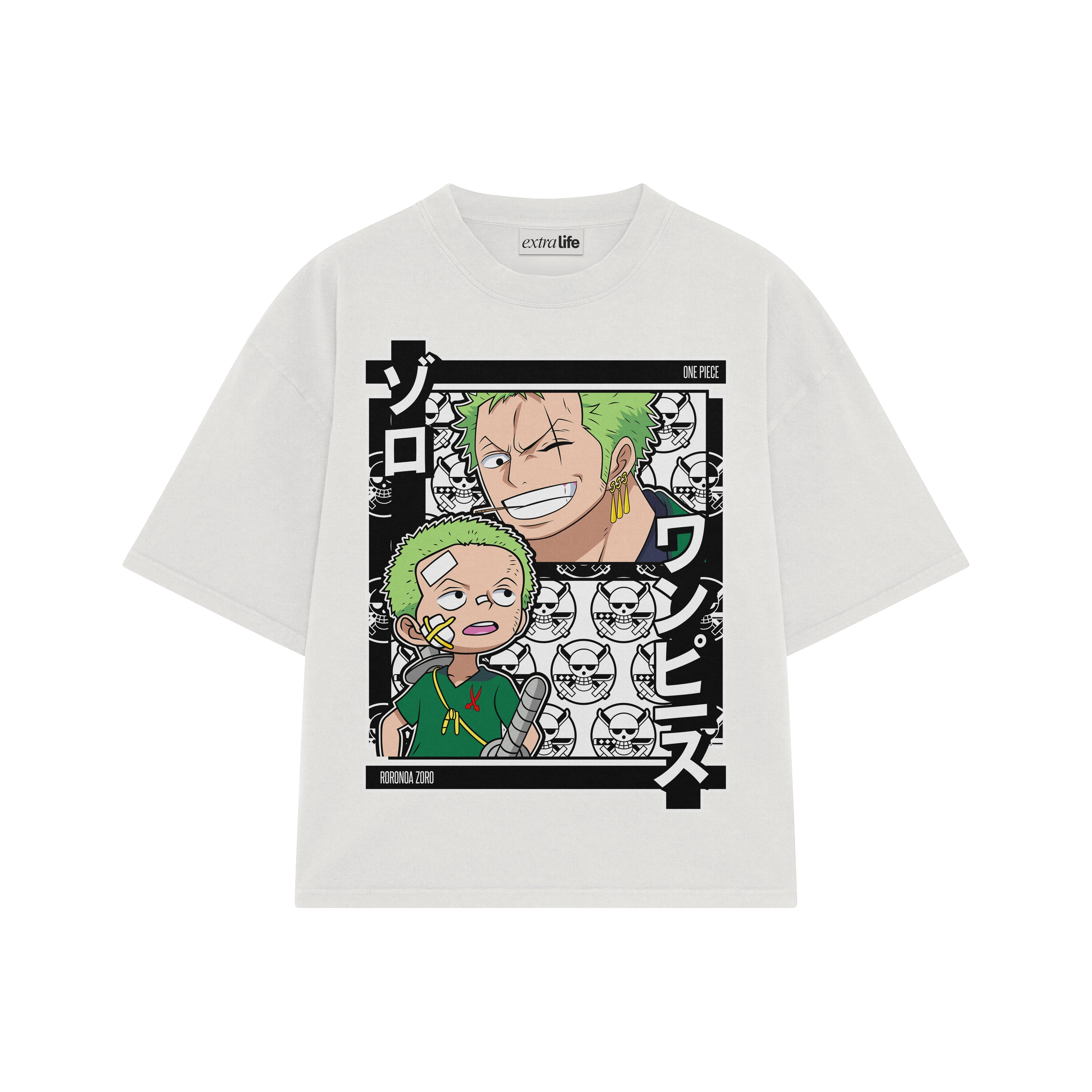 Playera streetwear premium de anime y gaming ExtraLife MX, corte boxy oversized drop shoulder heavyweight en color Deep Black y Off-White, moda urbana mexicana de culto.