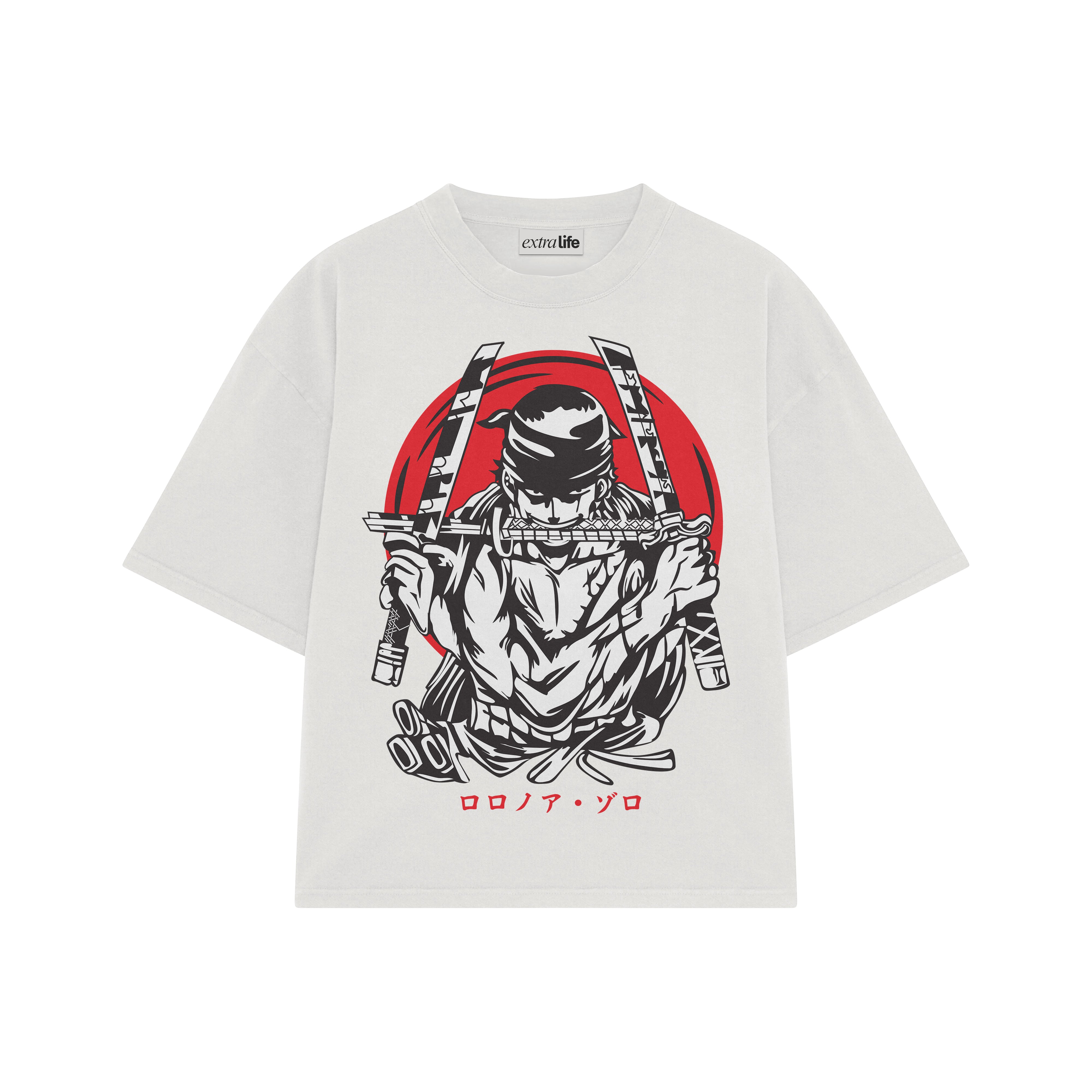 Playera streetwear premium de anime y gaming ExtraLife MX, corte boxy oversized drop shoulder heavyweight en color Deep Black y Off-White, moda urbana mexicana de culto.
