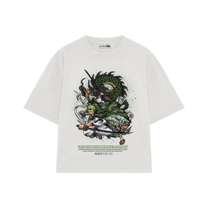 Playera streetwear premium de anime y gaming ExtraLife MX, corte boxy oversized drop shoulder heavyweight en color Deep Black y Off-White, moda urbana mexicana de culto.