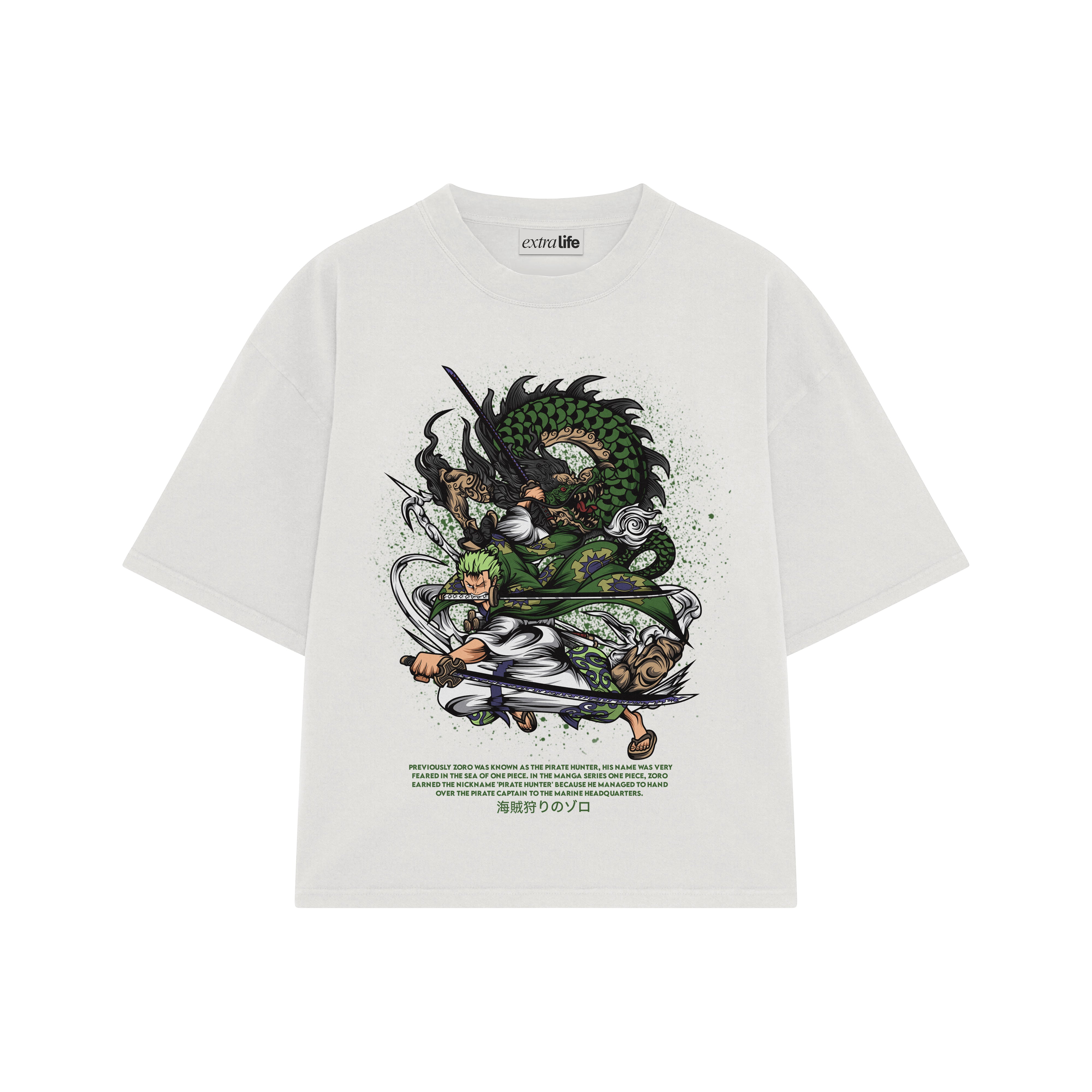 Playera streetwear premium de anime y gaming ExtraLife MX, corte boxy oversized drop shoulder heavyweight en color Deep Black y Off-White, moda urbana mexicana de culto.