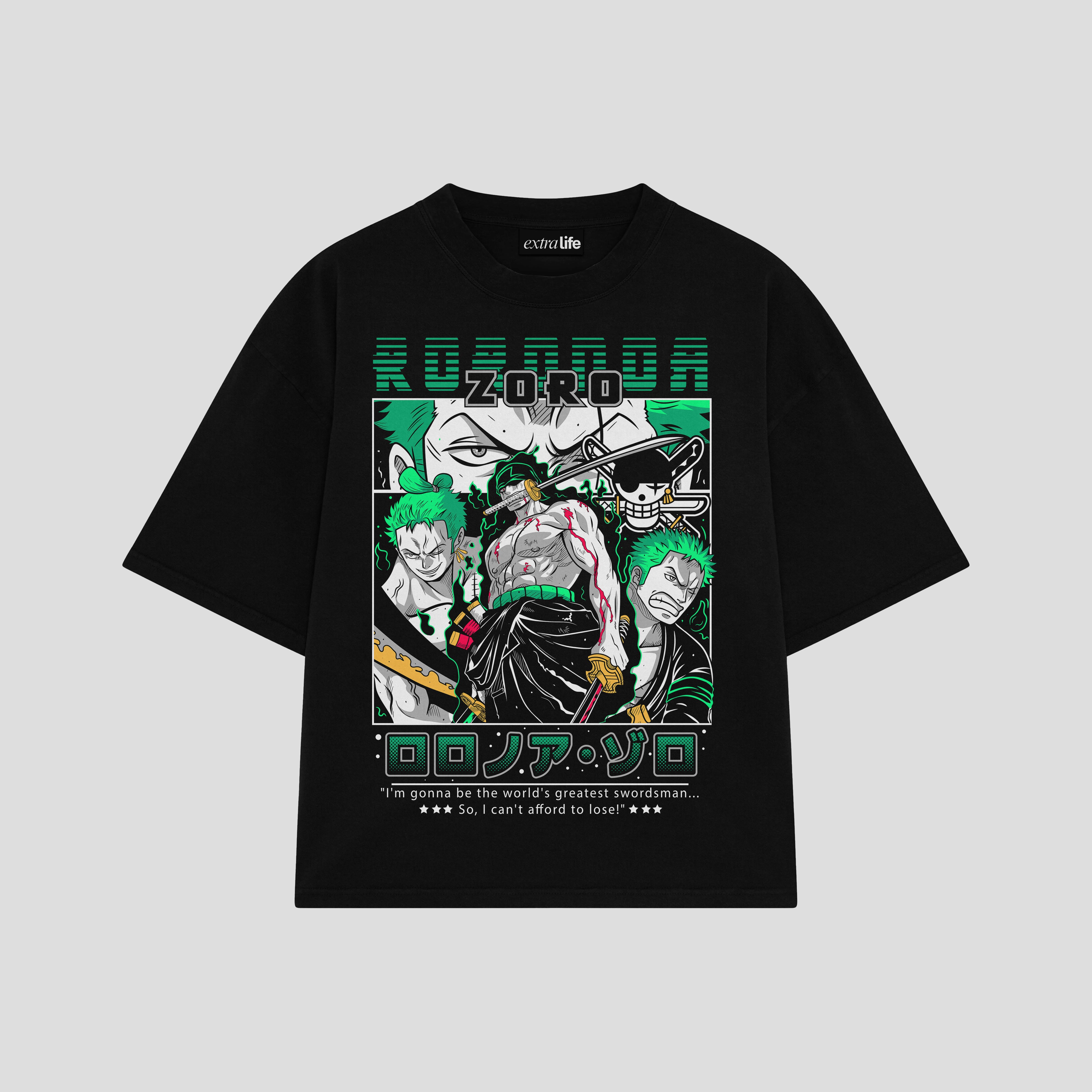 Playera streetwear premium de anime y gaming ExtraLife MX, corte boxy oversized drop shoulder heavyweight en color Deep Black y Off-White, moda urbana mexicana de culto.