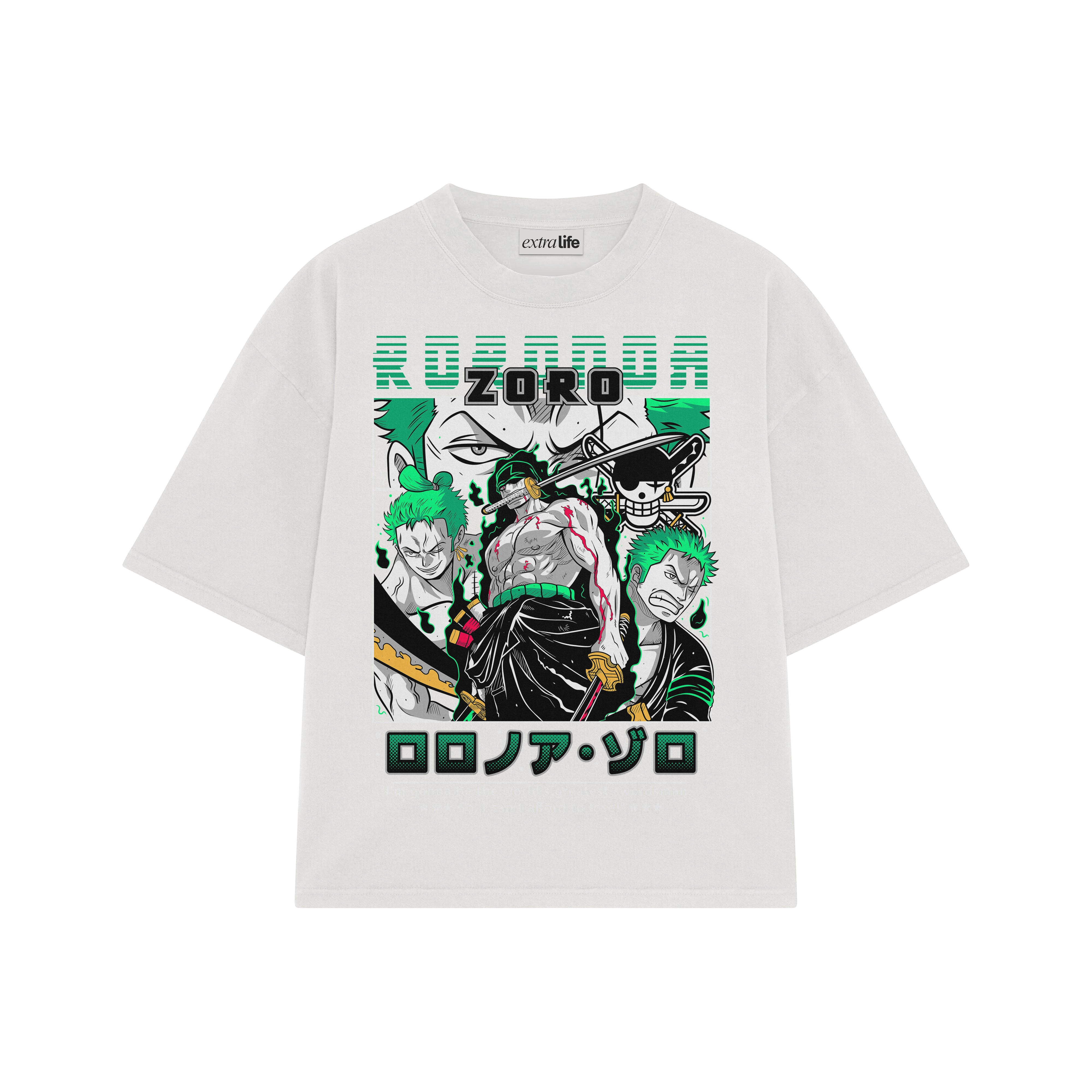 Playera streetwear premium de anime y gaming ExtraLife MX, corte boxy oversized drop shoulder heavyweight en color Deep Black y Off-White, moda urbana mexicana de culto.