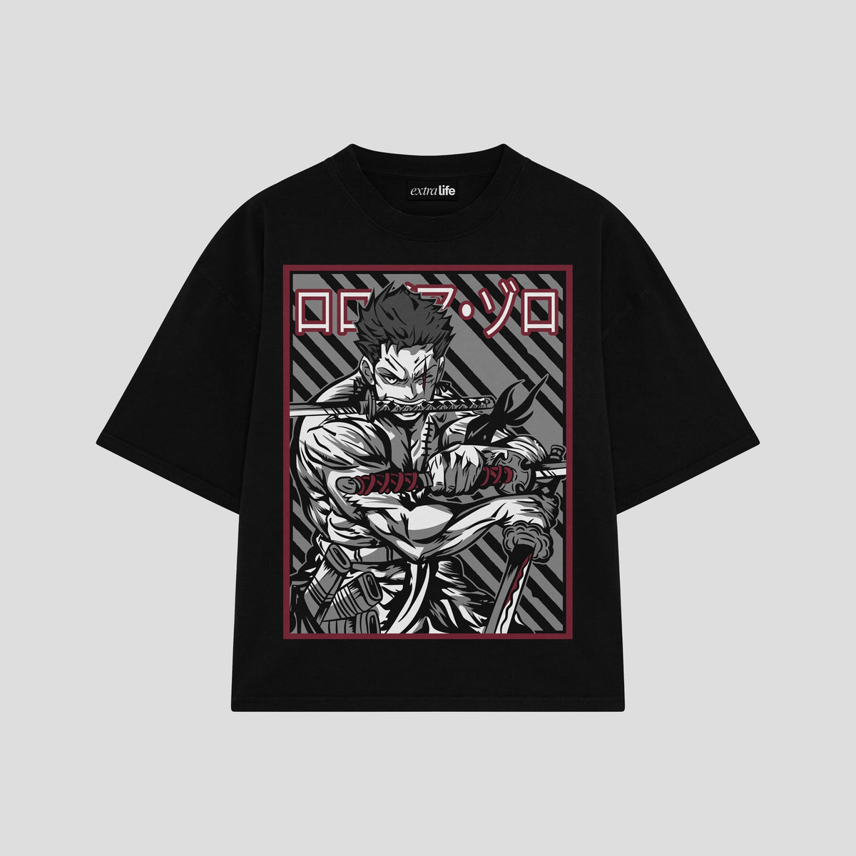 Playera streetwear premium de anime y gaming ExtraLife MX, corte oversized drop shoulder ligero y fresco en color Deep Black y Off-White, moda urbana mexicana de culto.