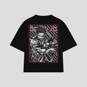 Playera streetwear premium de anime y gaming ExtraLife MX, corte boxy oversized drop shoulder heavyweight en color Deep Black y Off-White, moda urbana mexicana de culto.