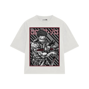 Playera streetwear premium de anime y gaming ExtraLife MX, corte boxy oversized drop shoulder heavyweight en color Deep Black y Off-White, moda urbana mexicana de culto.